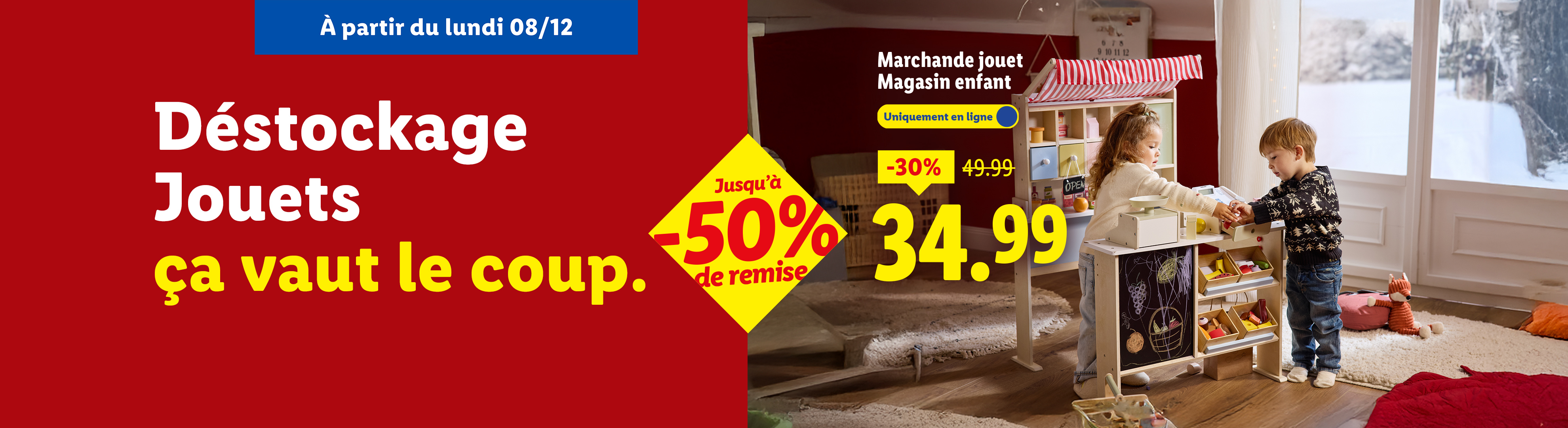 Déstockage de jouets avec un magasin pour enfants, jusqu'à -50% de remise.