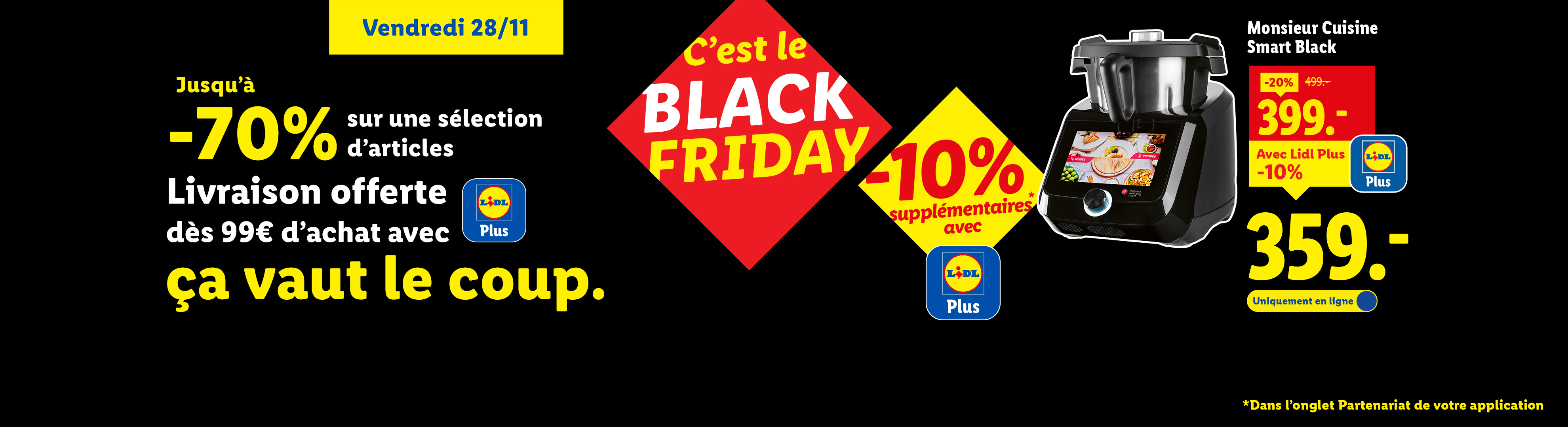 Publicité Lidl pour le Black Friday avec des réductions jusqu'à -70% et un robot de cuisine Monsieur Cuisine Smart Black.