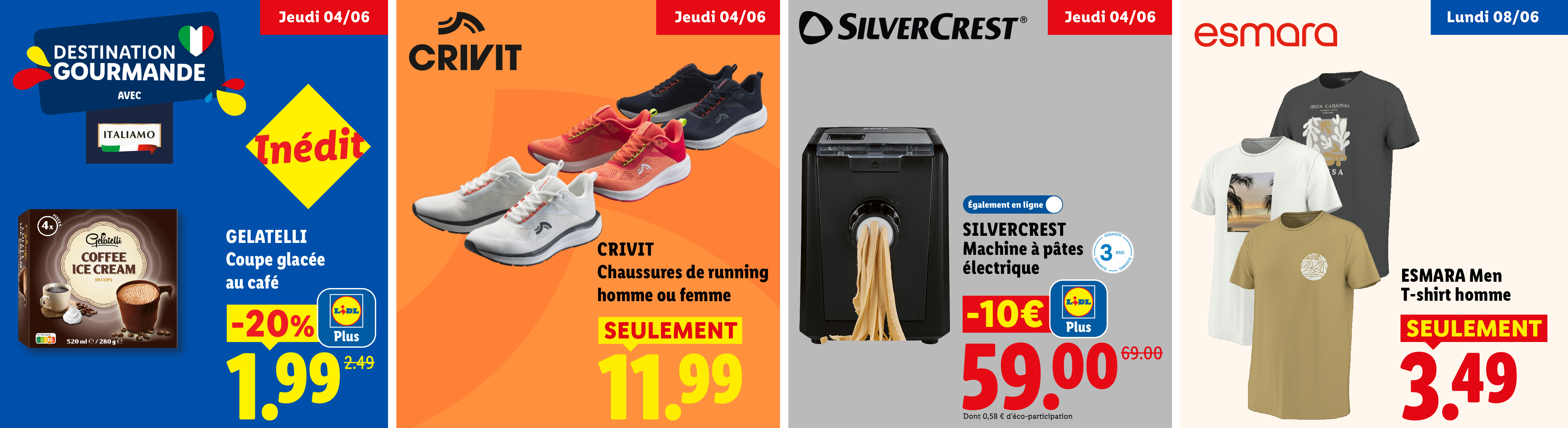 Publicité pour des chaussures de course, une machine à pâtes électrique, des t-shirts pour hommes et de la crème glacée au café.