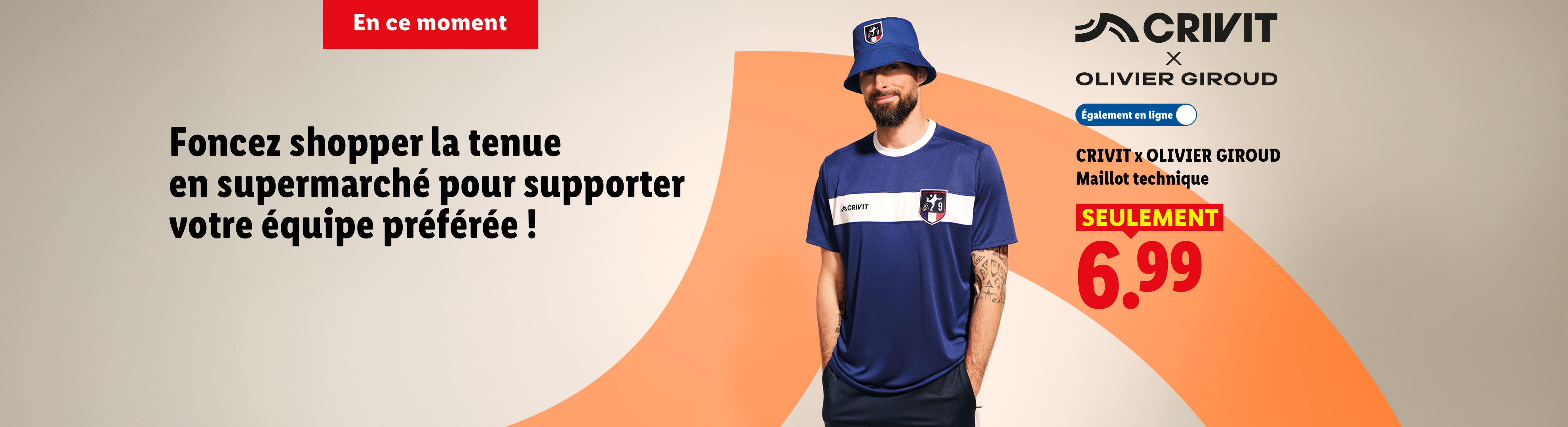 Un homme souriant portant un bob et un maillot de sport bleu, avec une offre spéciale à 6,99 €.