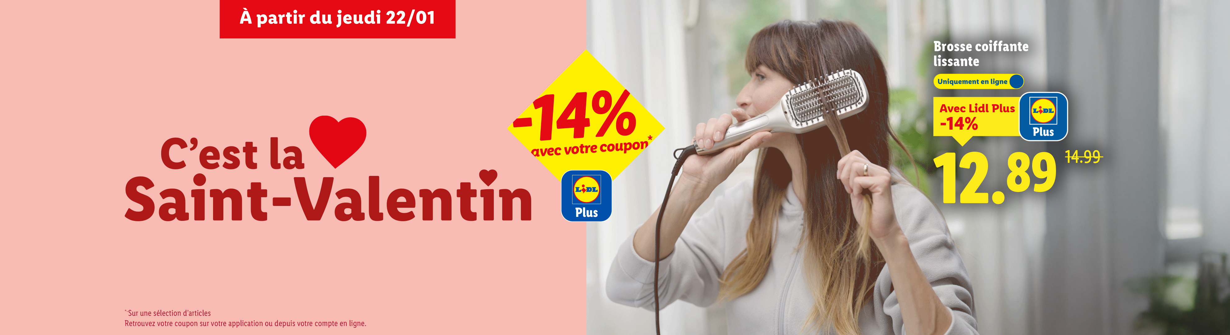 Brosse coiffante lissante en promotion pour la Saint-Valentin, disponible en ligne.