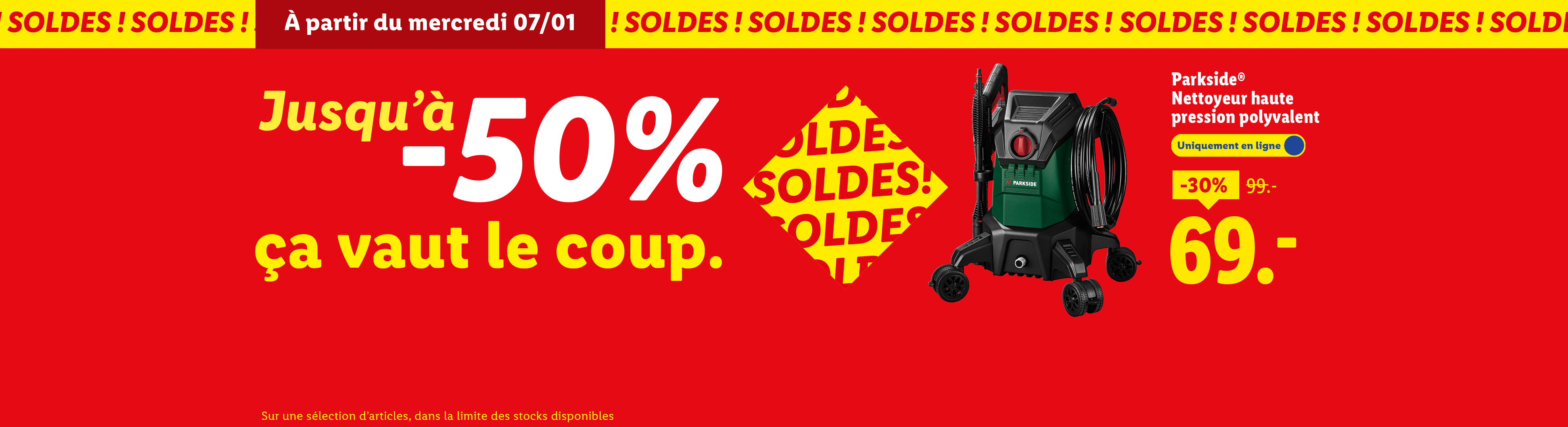 Bannière de soldes Lidl avec un nettoyeur haute pression Parkside à -30% et des réductions jusqu'à -50%.