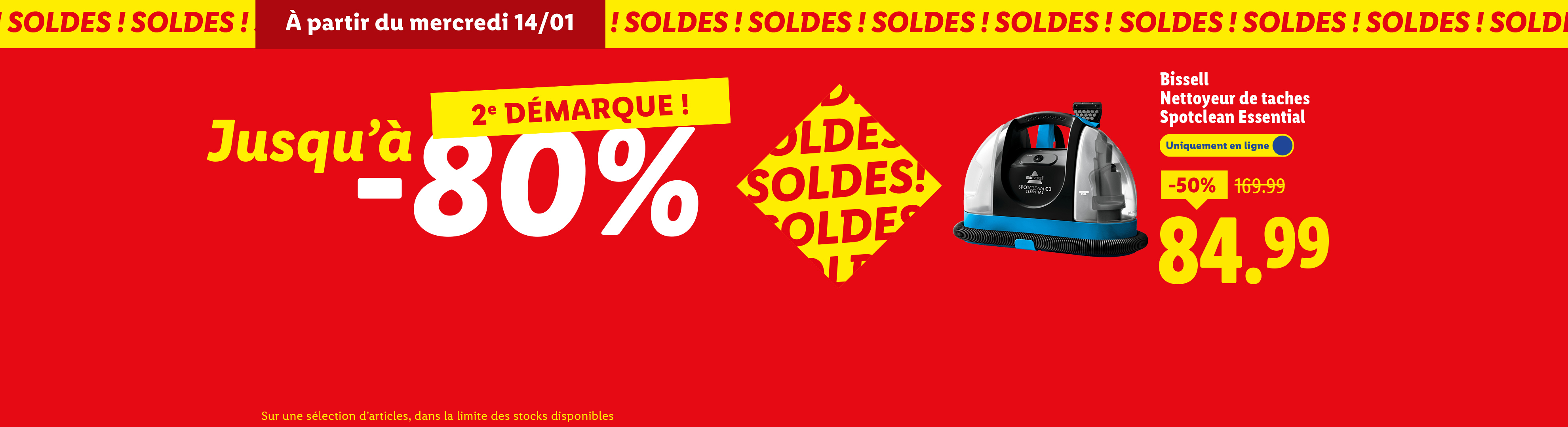 Soldes avec jusqu'à -80% et un nettoyeur de taches Bissell Spotclean Essential à -50%.