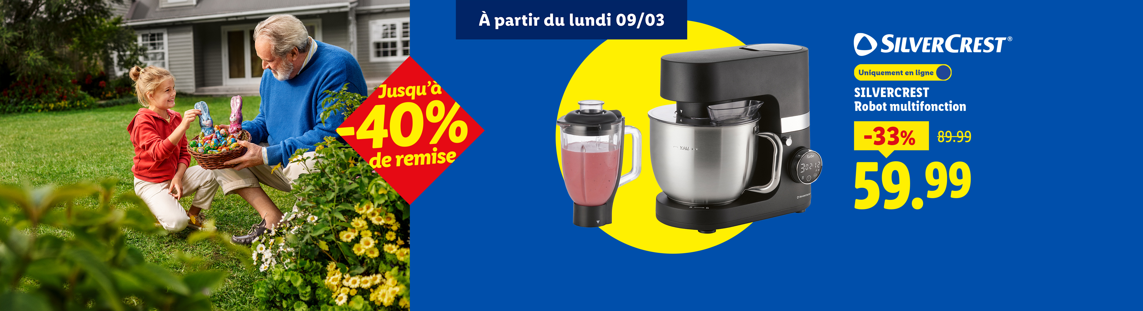 Un robot multifonction avec un blender, affiché avec une réduction de 33%, et une scène de Pâques avec un grand-père et une petite-fille.