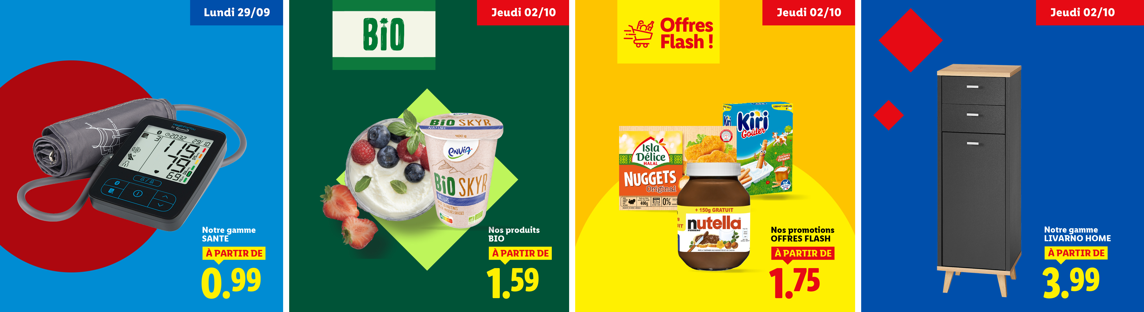 Une publicité pour un tensiomètre, un yaourt Bio Skyr, des nuggets, du Nutella et un meuble de rangement.