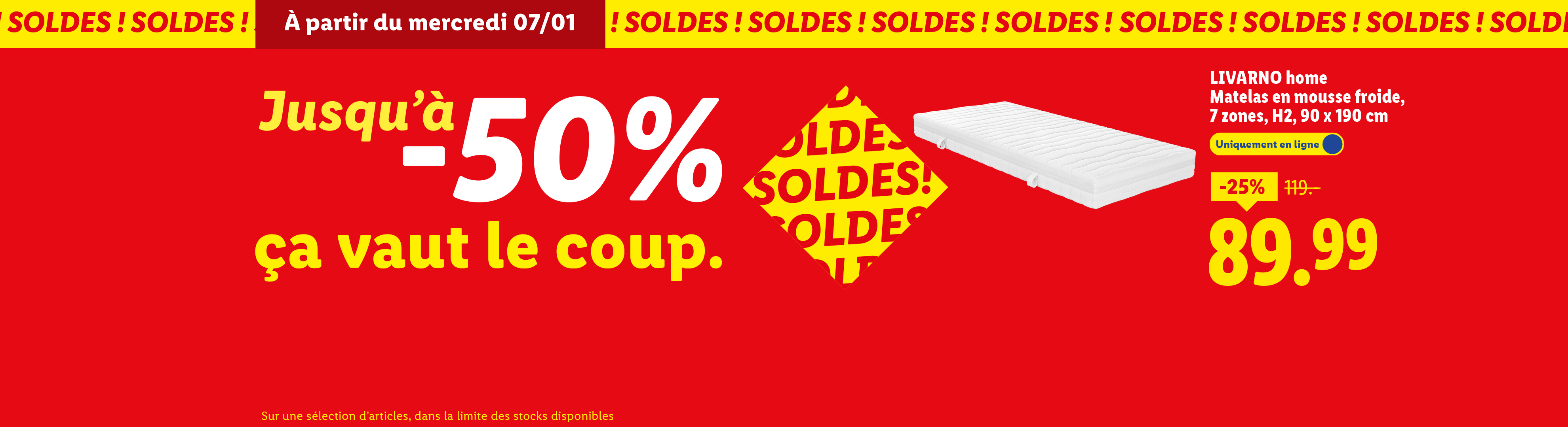 Publicité pour les soldes Lidl, avec un matelas en mousse froide LIVARNO home à -25%.
