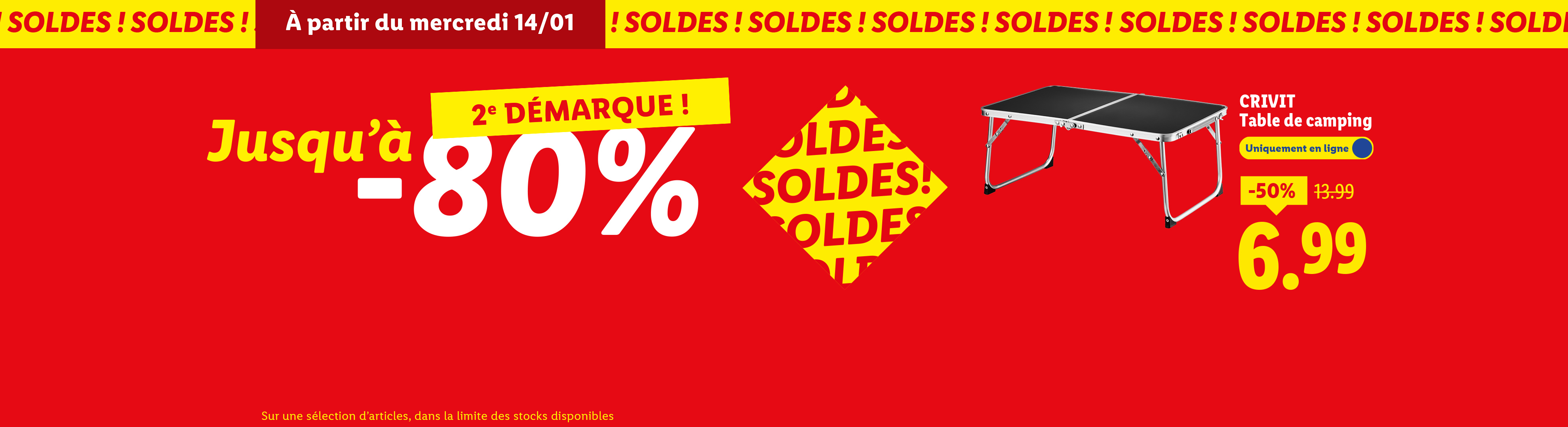 Soldes Lidl avec jusqu'à -80% de réduction et une table de camping Crivit à -50%.