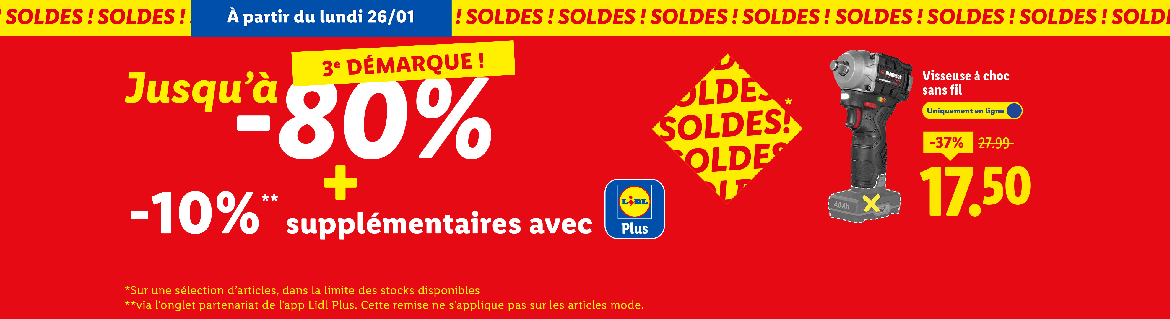 Soldes avec jusqu'à -80% et -10% supplémentaires, incluant une visseuse à choc sans fil.