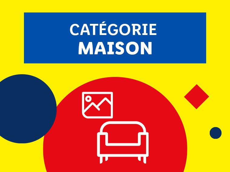 Catégorie Maison avec icônes de canapé et de tableau sur fond jaune.