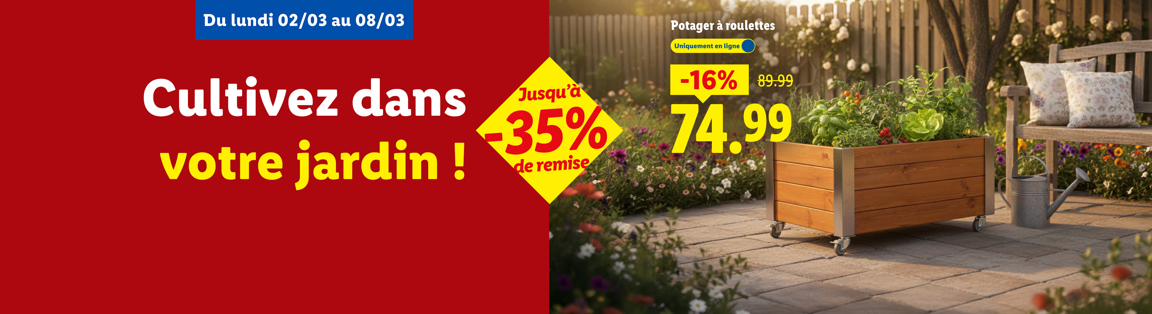 Jardinière sur roulettes avec des plantes, -16% de réduction, 74.99€, offre valable du 02/03 au 08/03.