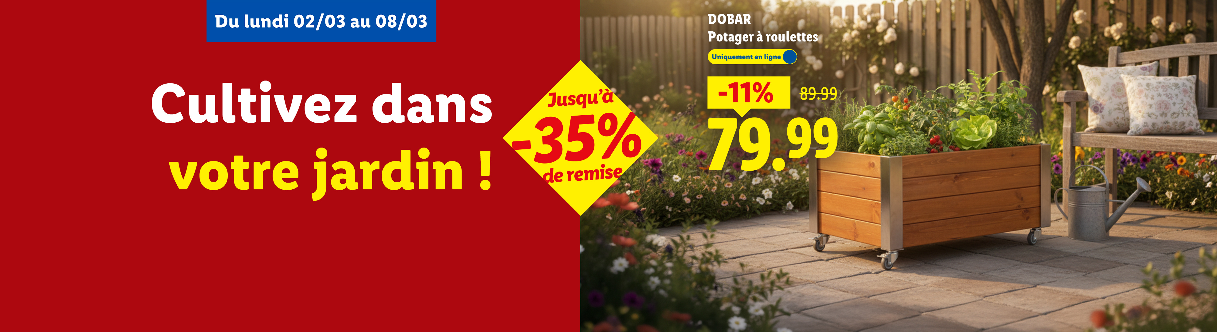 Publicité pour un potager à roulettes en bois, avec des plantes et des légumes, sur une terrasse ensoleillée. Offre spéciale du 02/03 au 08/03.