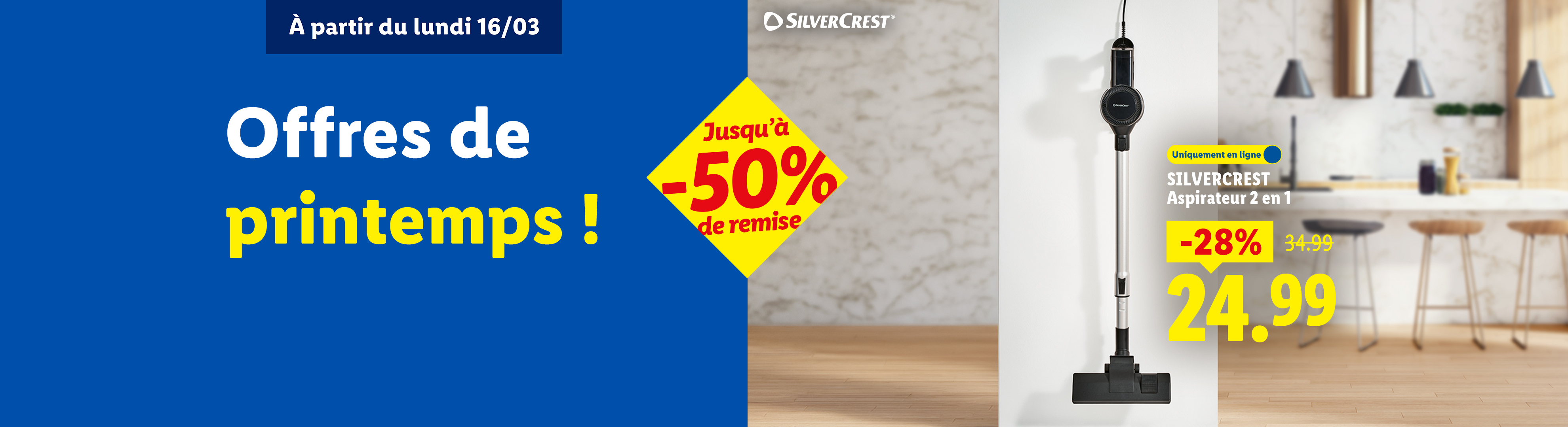 Publicité pour les offres de printemps, avec un aspirateur 2 en 1 en promotion.