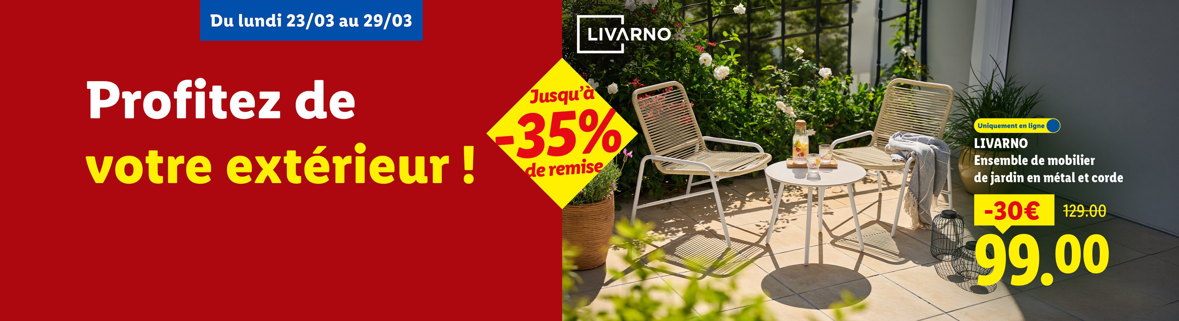 Profitez de votre extérieur avec un ensemble de mobilier de jardin en métal et corde, jusqu'à -35% de remise.