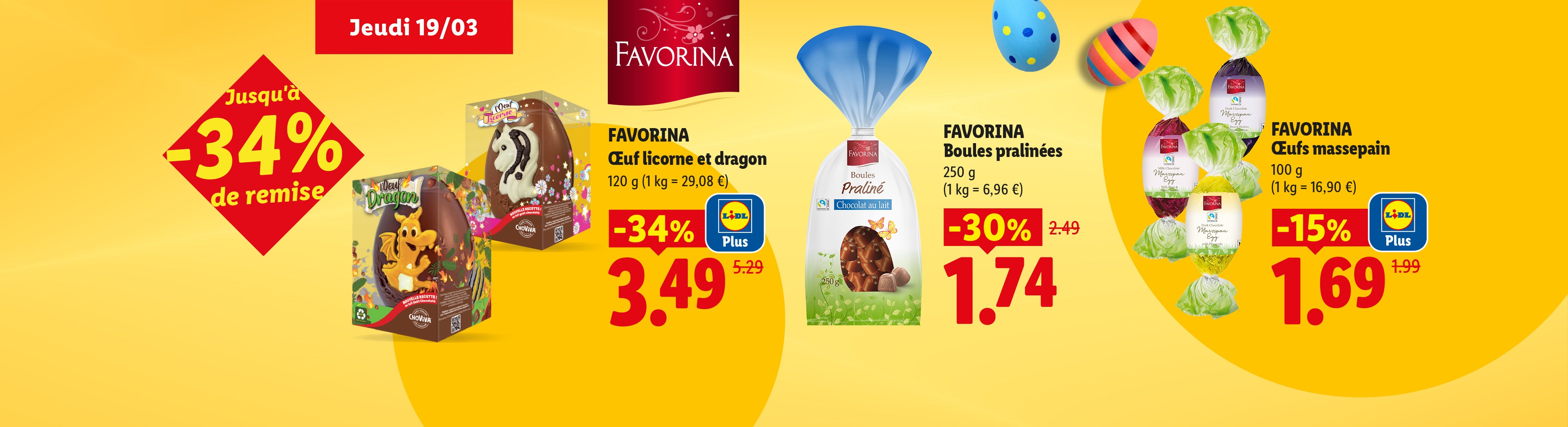 Promotion d'œufs de Pâques licorne et dragon, boules pralinées et œufs massepain.