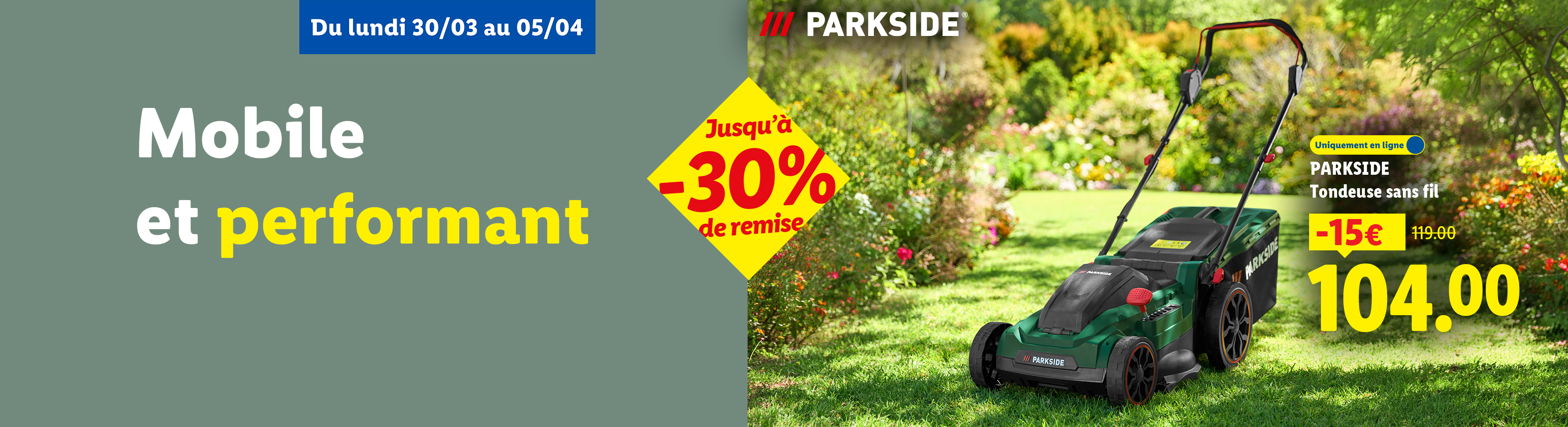 Publicité pour une tondeuse à gazon sans fil, mobile et performante, avec une réduction de prix.