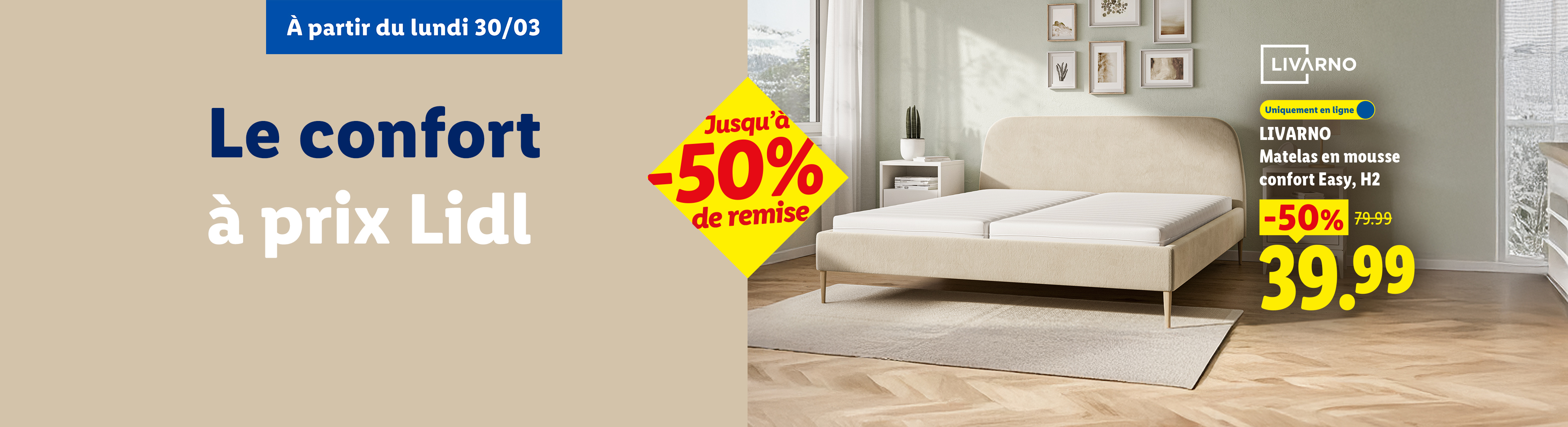 Publicité pour un matelas en mousse confortable, avec une réduction de 50% à 39,99€, disponible en ligne à partir du lundi 30/03.