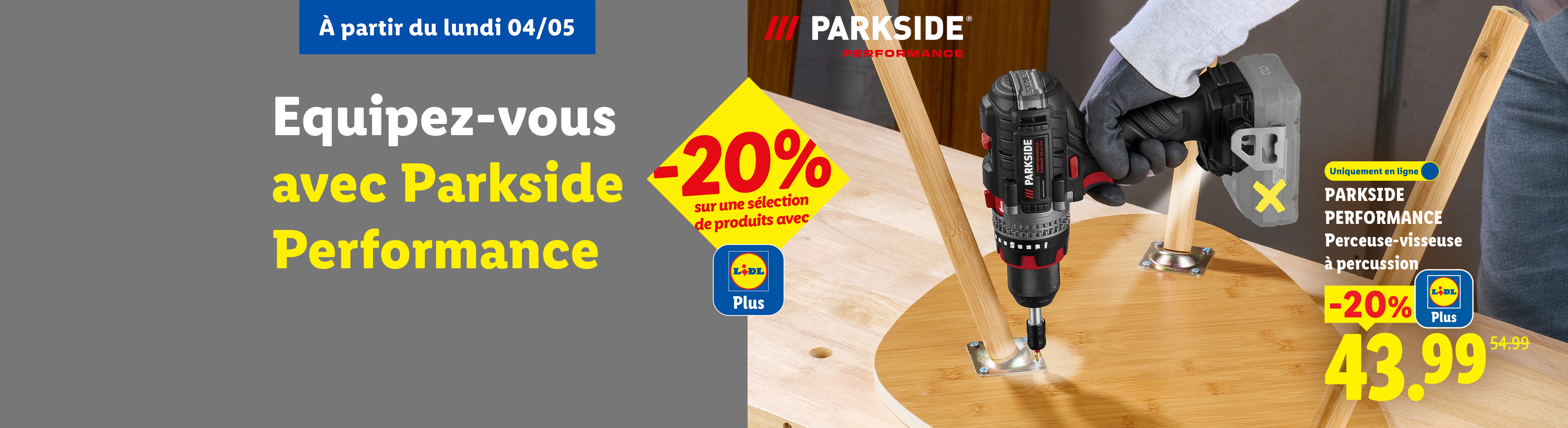 Une perceuse-visseuse à percussion en action, avec une offre de -20% sur une sélection de produits.