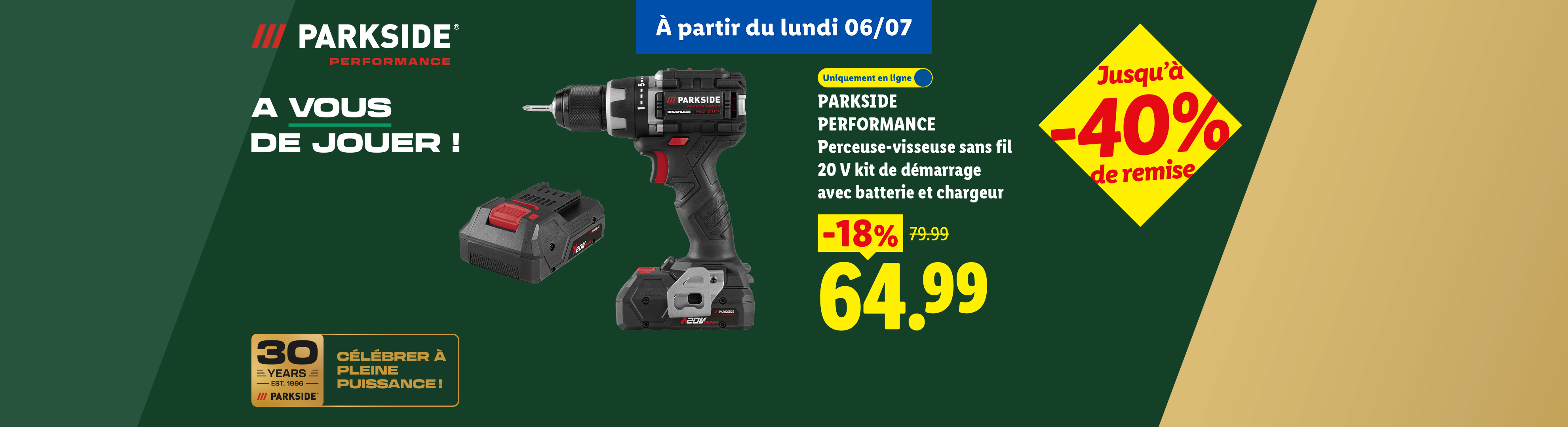 Perceuse-visseuse sans fil 20 V avec batterie et chargeur, en promotion à 64,99 €au lieu de 79.99€ soit -18% de réduction 