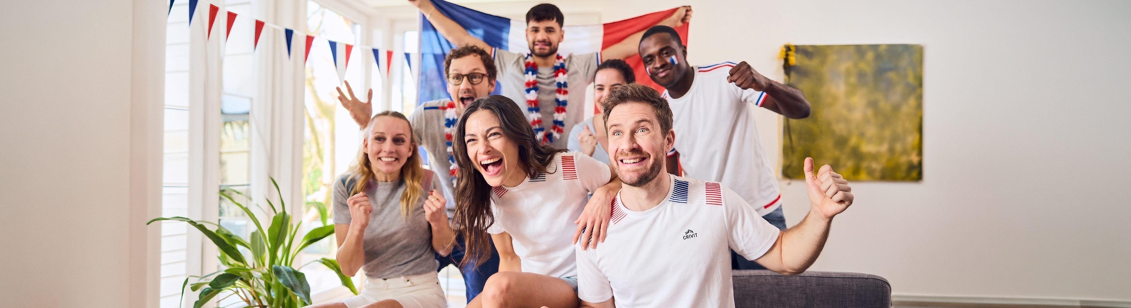 Un groupe d'amis joyeux portant des t-shirts de sport et des guirlandes aux couleurs de la France.