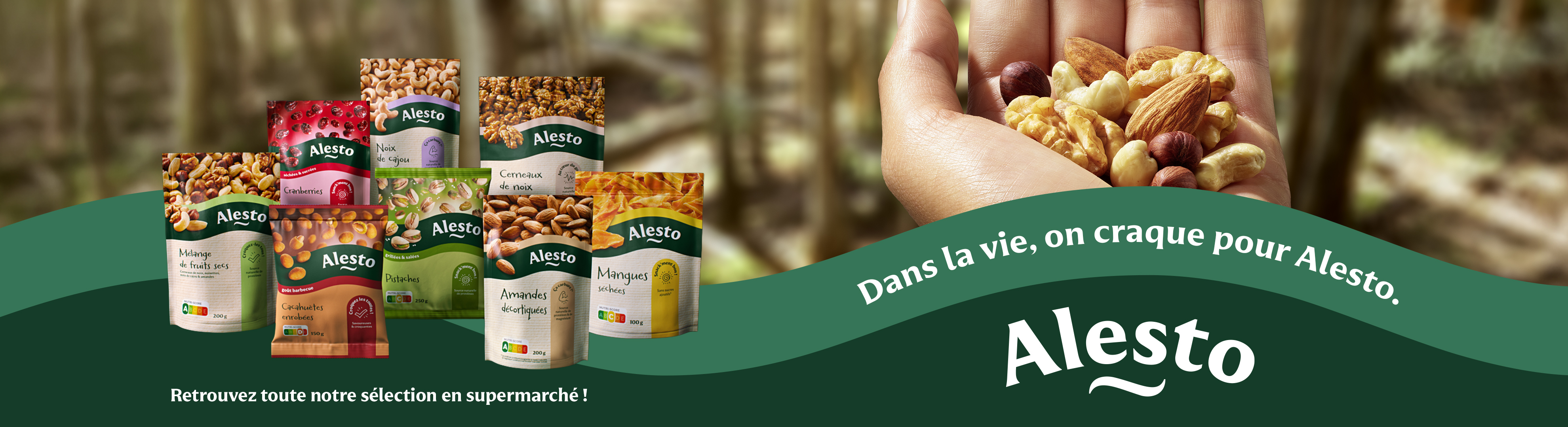 Une main tenant un mélange de noix, avec divers sachets de fruits secs et noix en dessous, et le texte 'Dans la vie, on craque pour Alesto. Retrouvez toute notre sélection en supermarché !'