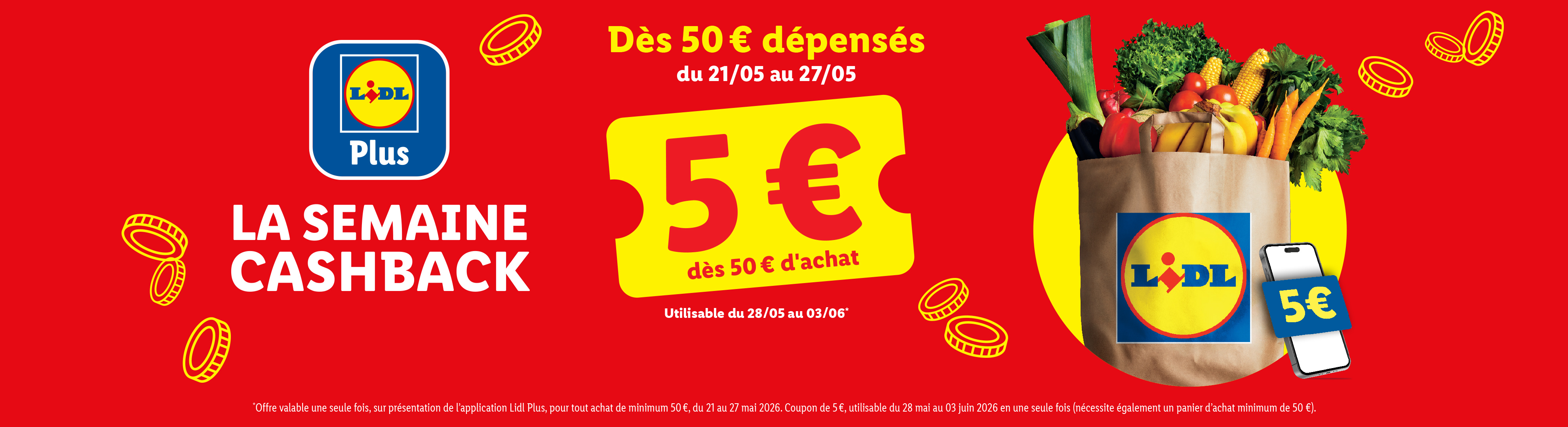 Sac de courses rempli de fruits et légumes frais, avec une offre de 5€ de cashback pour 50€ d'achat.