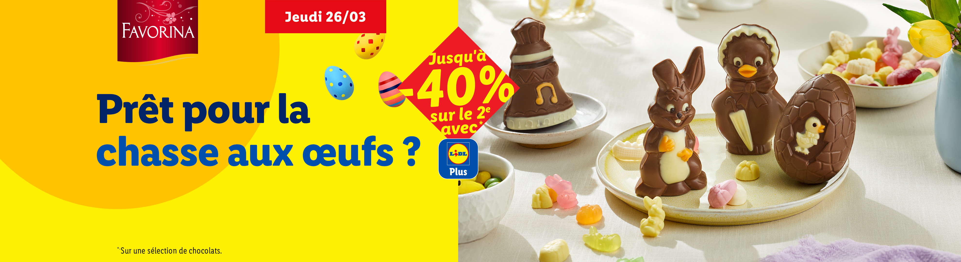 Chocolats de Pâques en forme de lapin, poussin et cloche, avec une offre de -40% sur le 2ème.