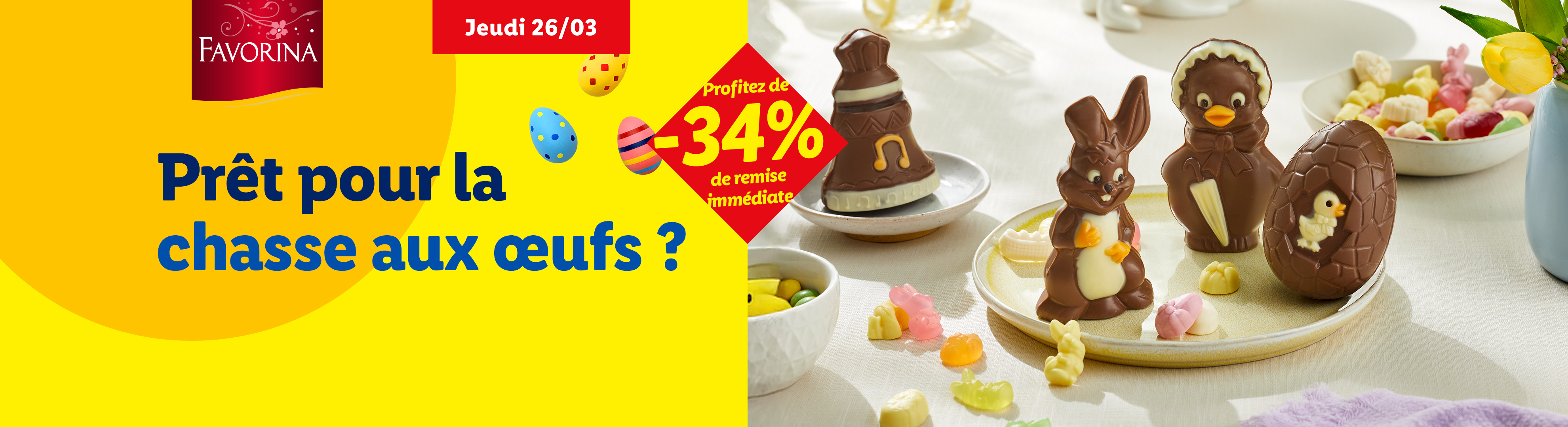 Chocolats de Pâques en forme de lapin, poussin et cloche, avec une offre de -34%.