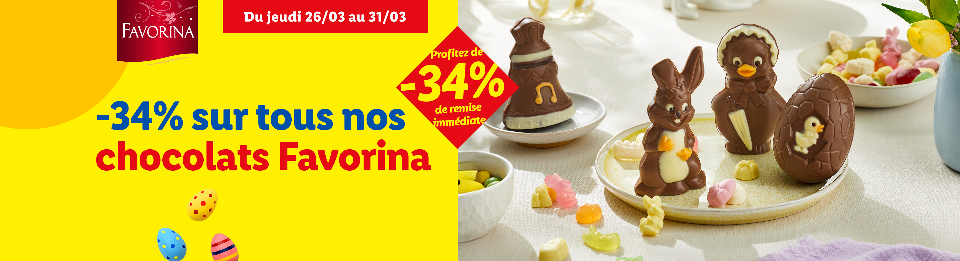 Chocolats de Pâques en forme de cloche, lapin, poussin et œuf, avec une offre de -34%.