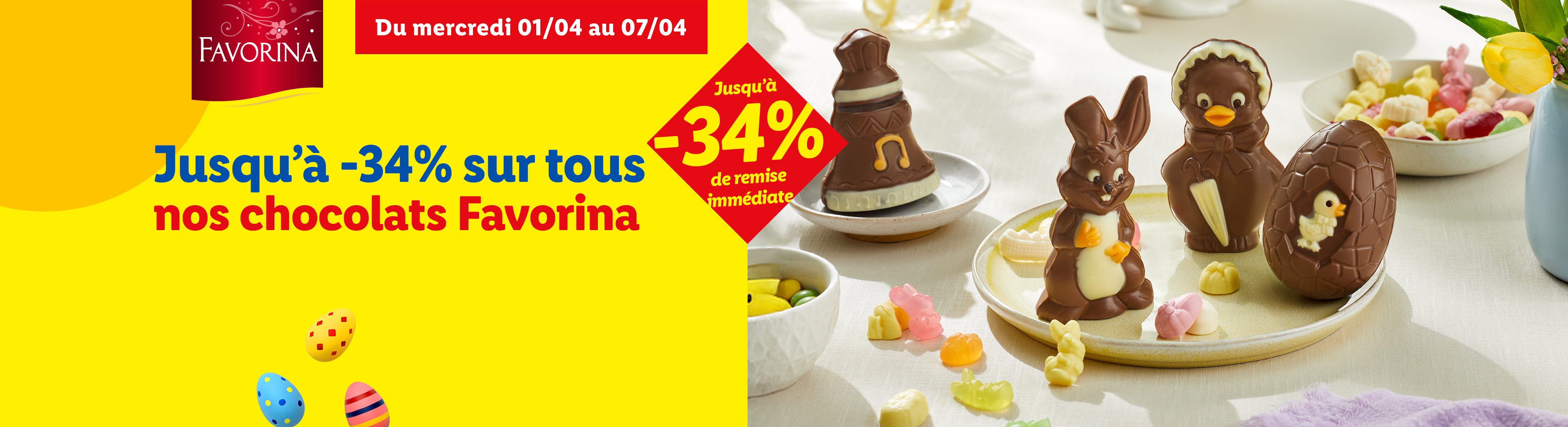 Chocolats de Pâques en forme de lapin, poussin et cloche, avec une offre jusqu'à -34%.