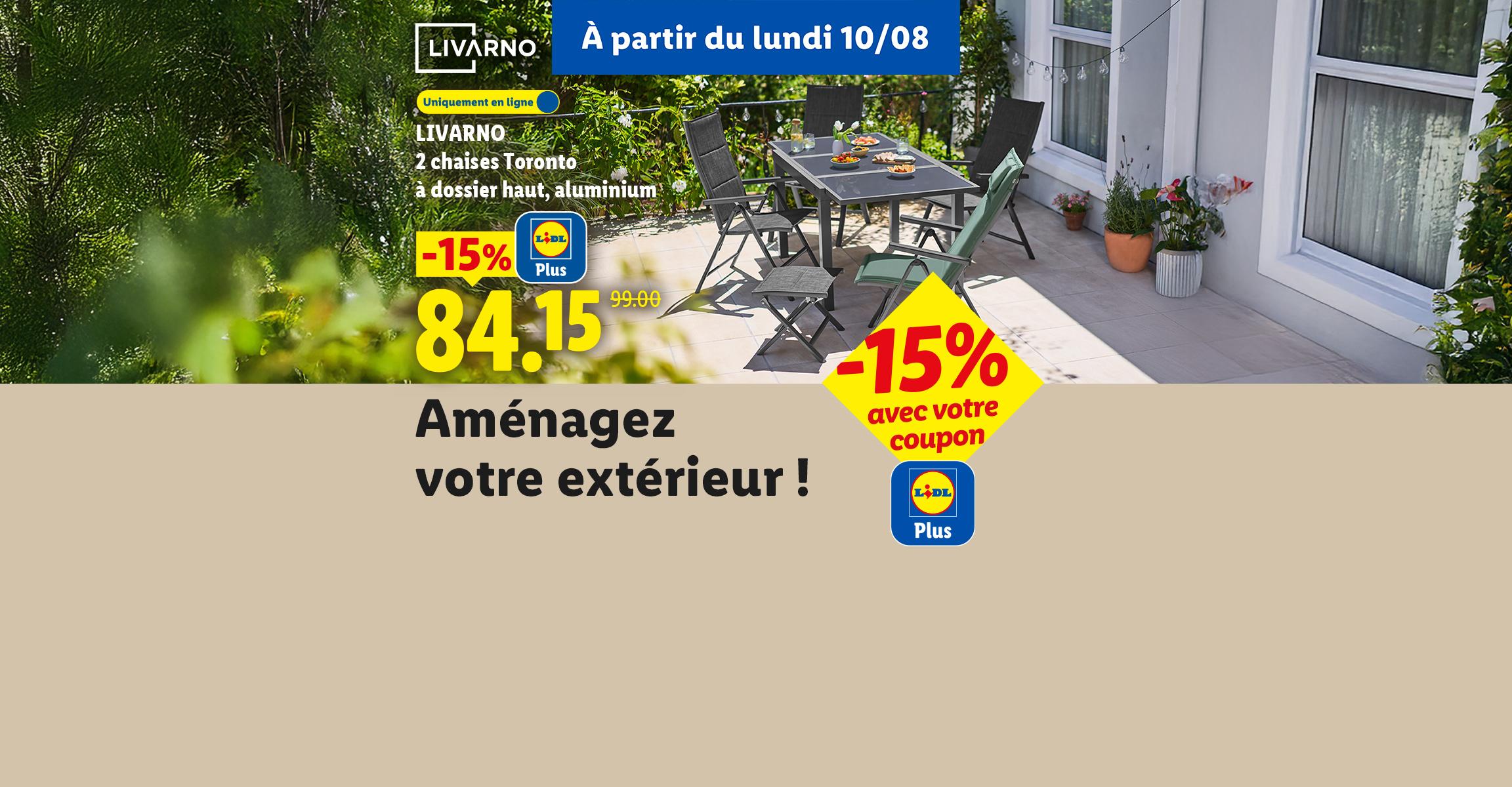 Aménagez votre extérieur : ensemble de jardin avec chaises et table, réduction de 15%.