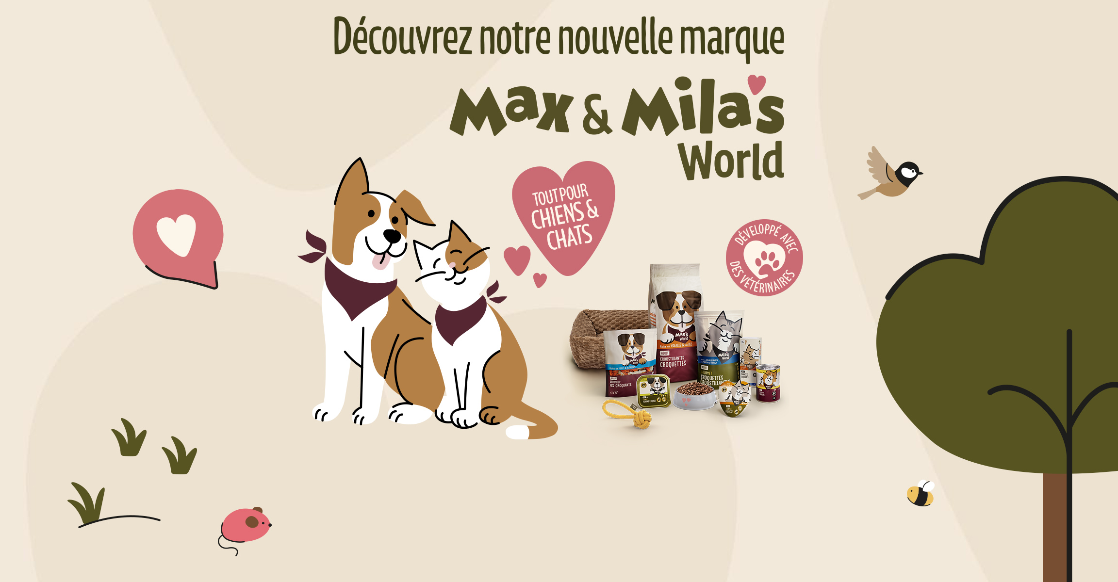 Gamme d'aliments et accessoires pour chiens et chats avec illustrations d'animaux.