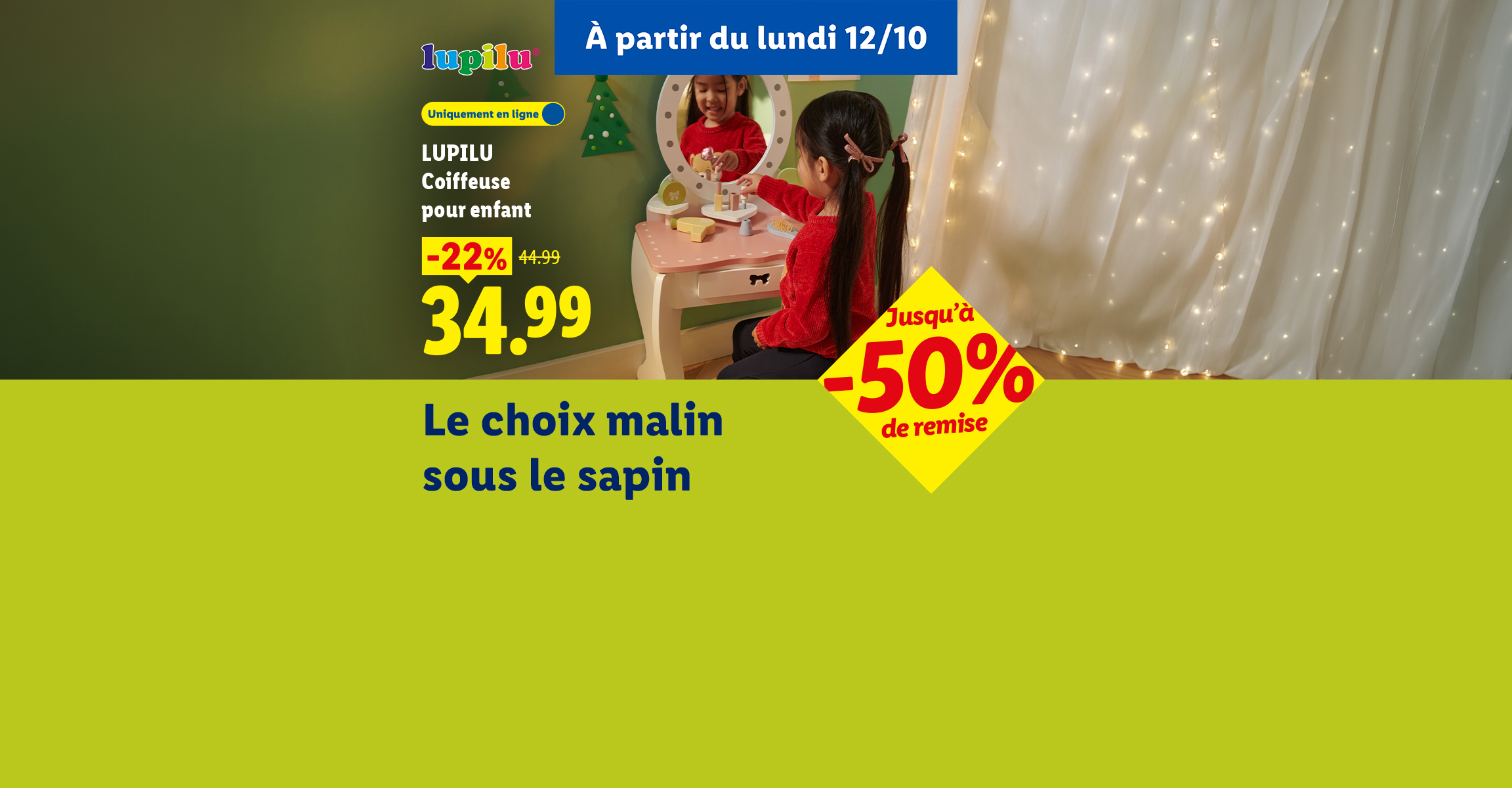 Coiffeuse pour enfant en bois à 34.99e au lieu de 44,99€ soit -22% de réduction. Une promotion de -50% est disponible sur la campagne Jouets de Noël