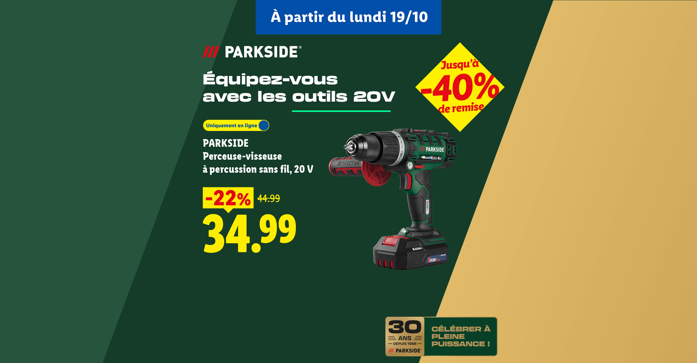Perceuse-visseuse à percussion sans fil 20 V à 34.99€ au lieu 44.99€ (-22%). Jusqu'à -40% à partir du lundi 19/10.