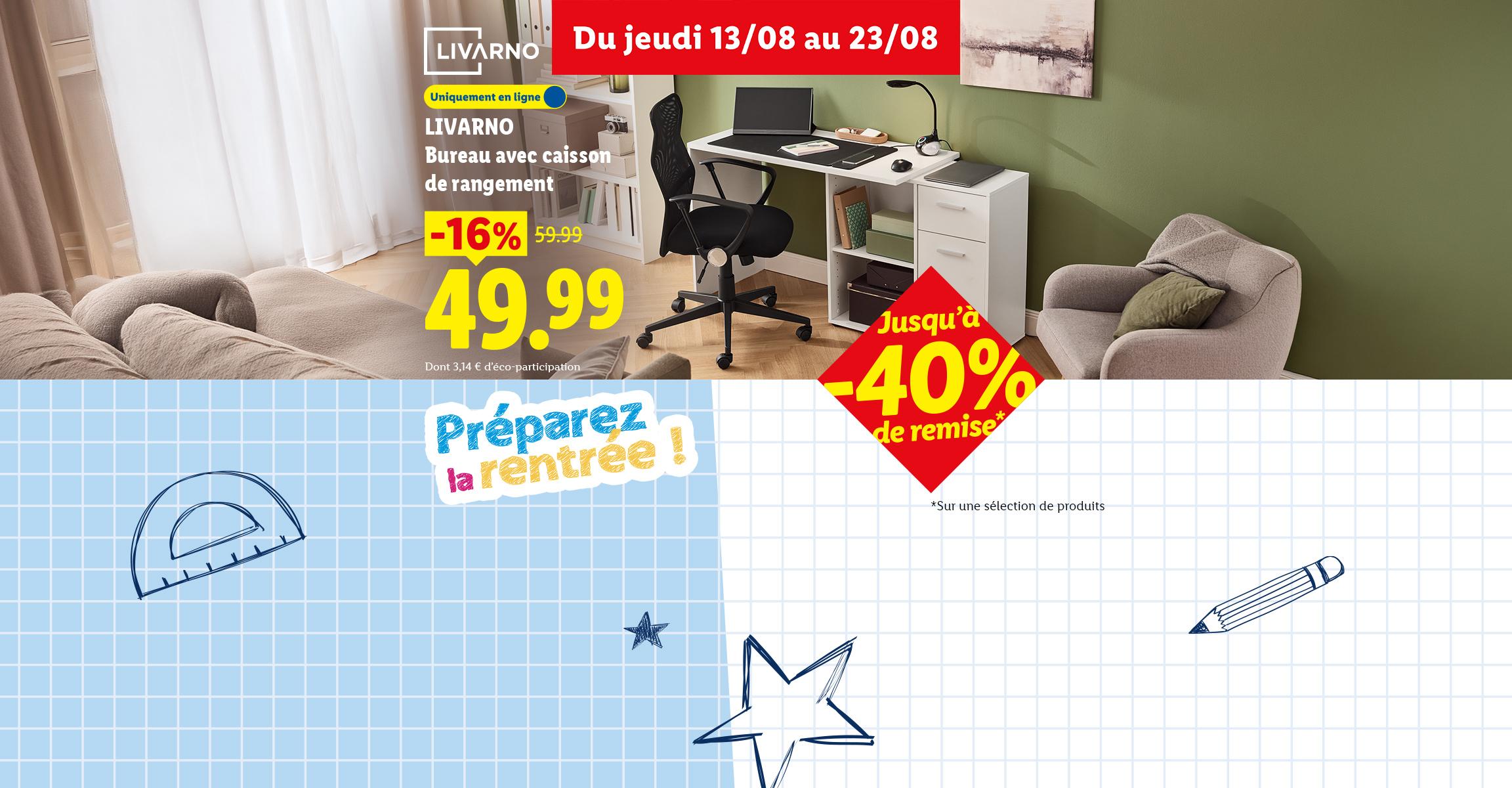 Publicité pour la rentrée des classes avec un bureau et une chaise de bureau, offrant jusqu'à 40% de réduction.