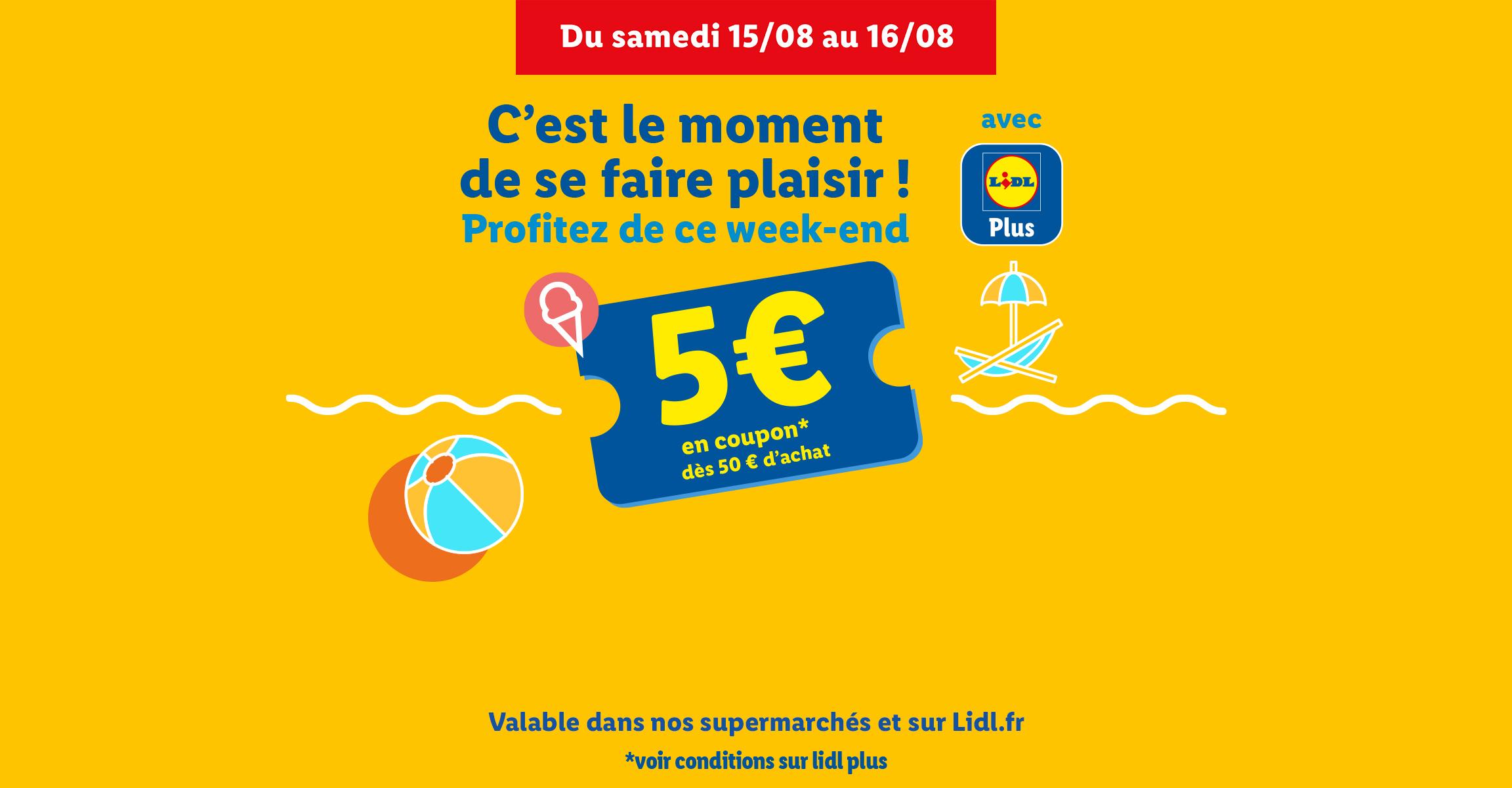 Offre week-end Assomption : 5€ de réduction dès 50€ d'achat Lidl Plus