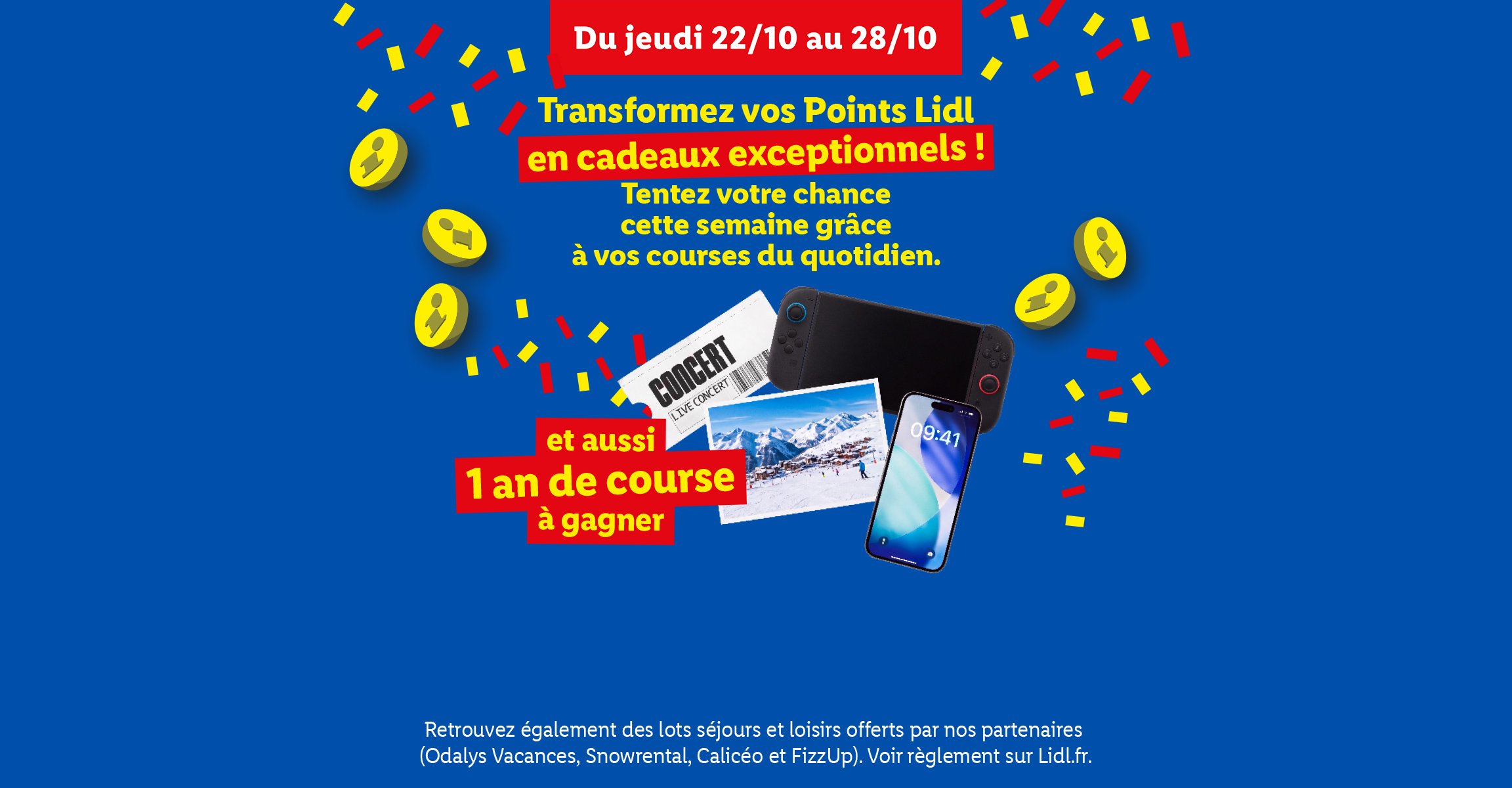 Bannière promotionnelle bleue pour un jeu-concours avec des cadeaux à gagner.