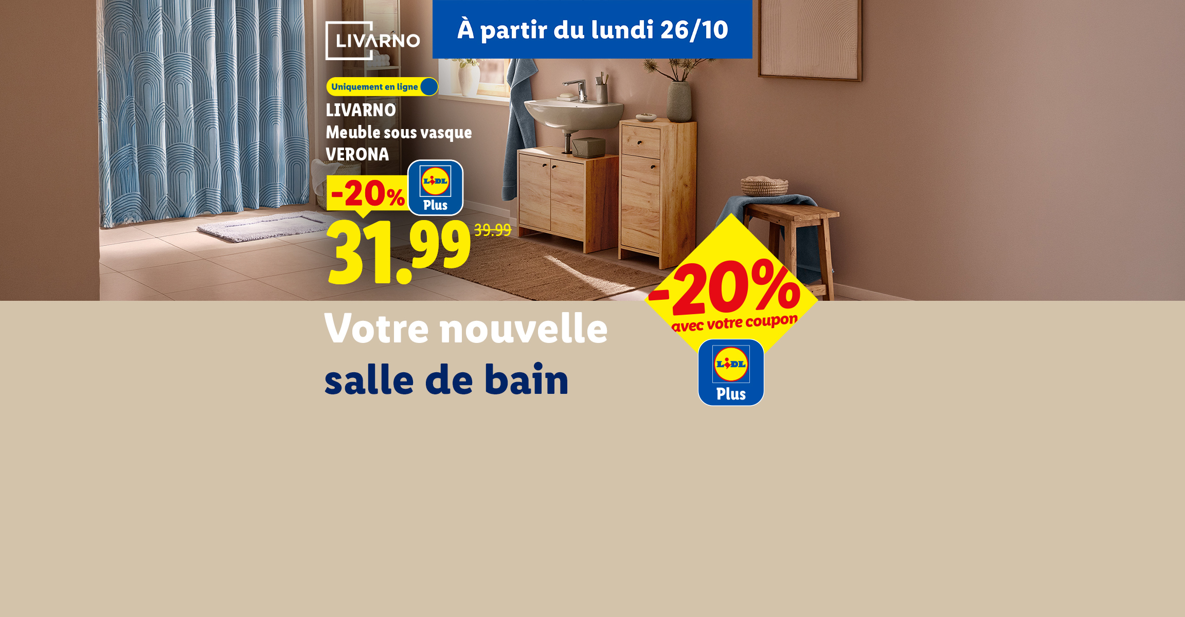 Meuble sous vasque Livarno Verona avec réduction de -20% avec Lidl Plus à 31,99 € au lieu de 39,99 €, uniquement en ligne.