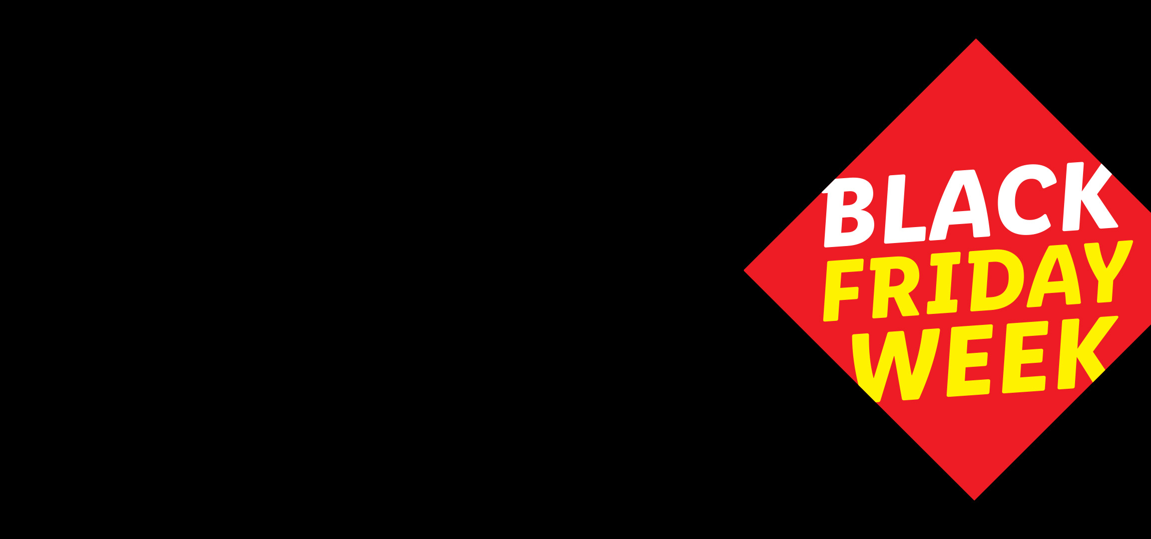 Bannière promotionnelle rouge et noire avec le texte 'BLACK FRIDAY WEEK' en blanc et jaune.