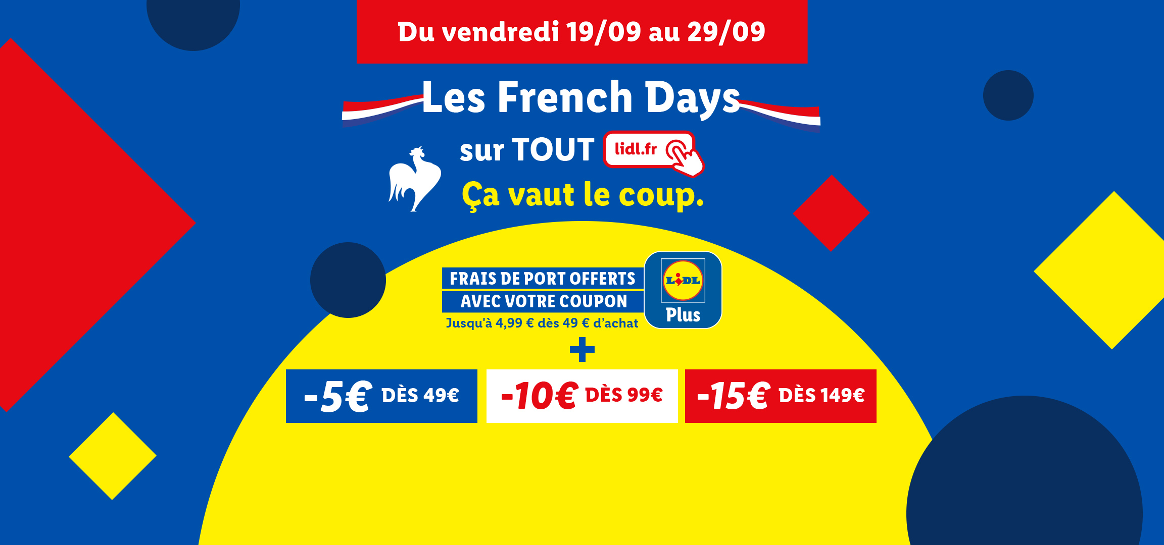 Bannière promotionnelle pour les 'French Days' de Lidl, offrant des réductions et la livraison gratuite.