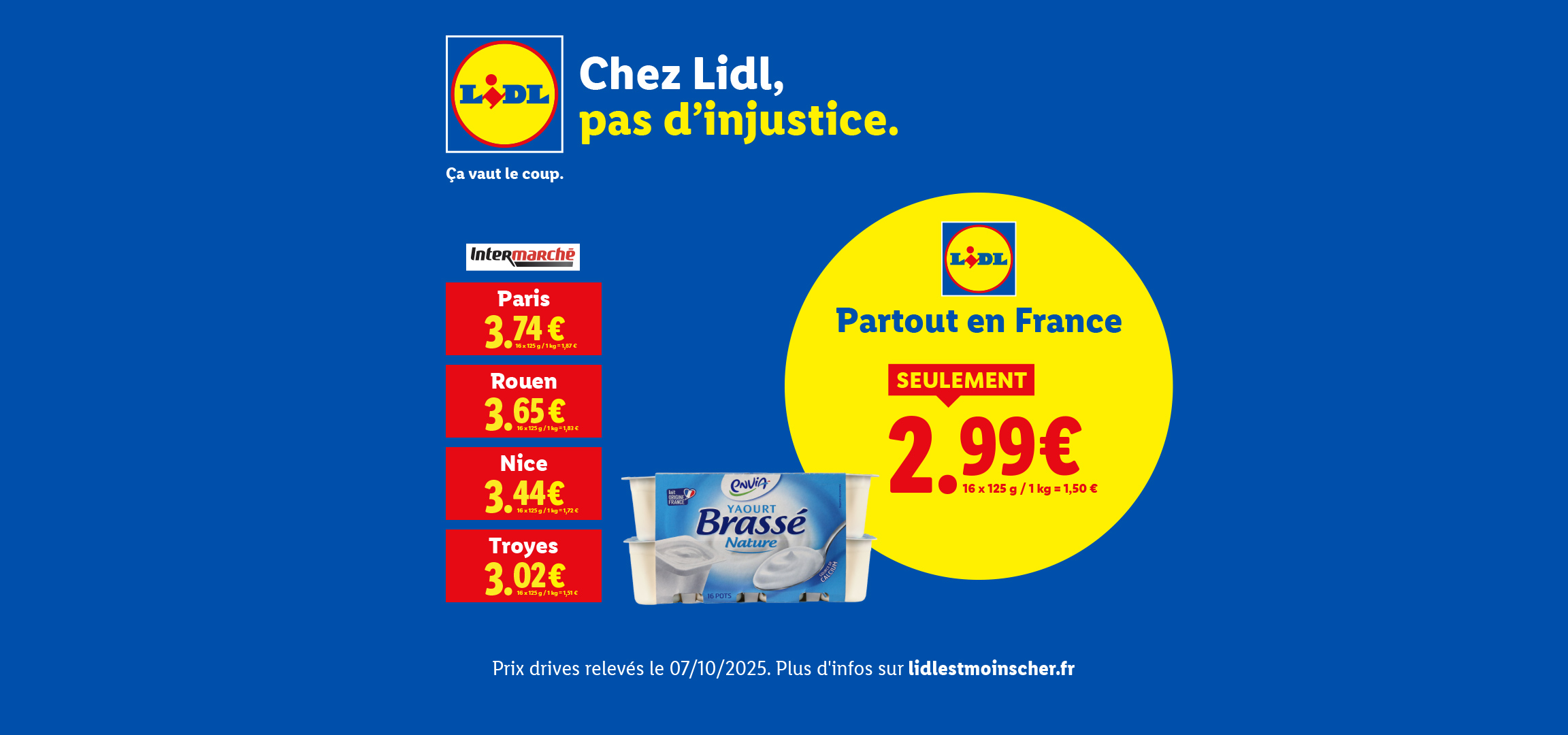 Publicité Lidl comparant le prix des yaourts brassés nature Envia avec Intermarché dans différentes villes.