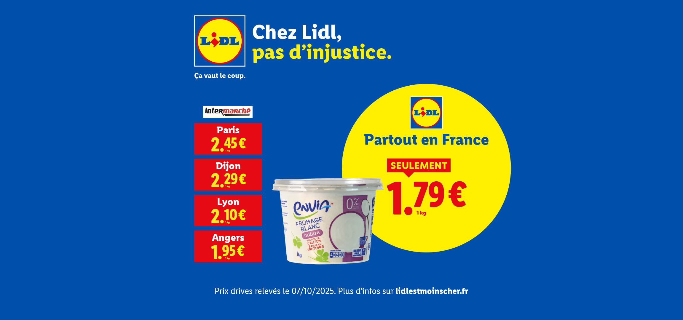 Publicité Lidl comparant le prix du fromage blanc Envia avec Intermarché, affichant 1,79€ chez Lidl.