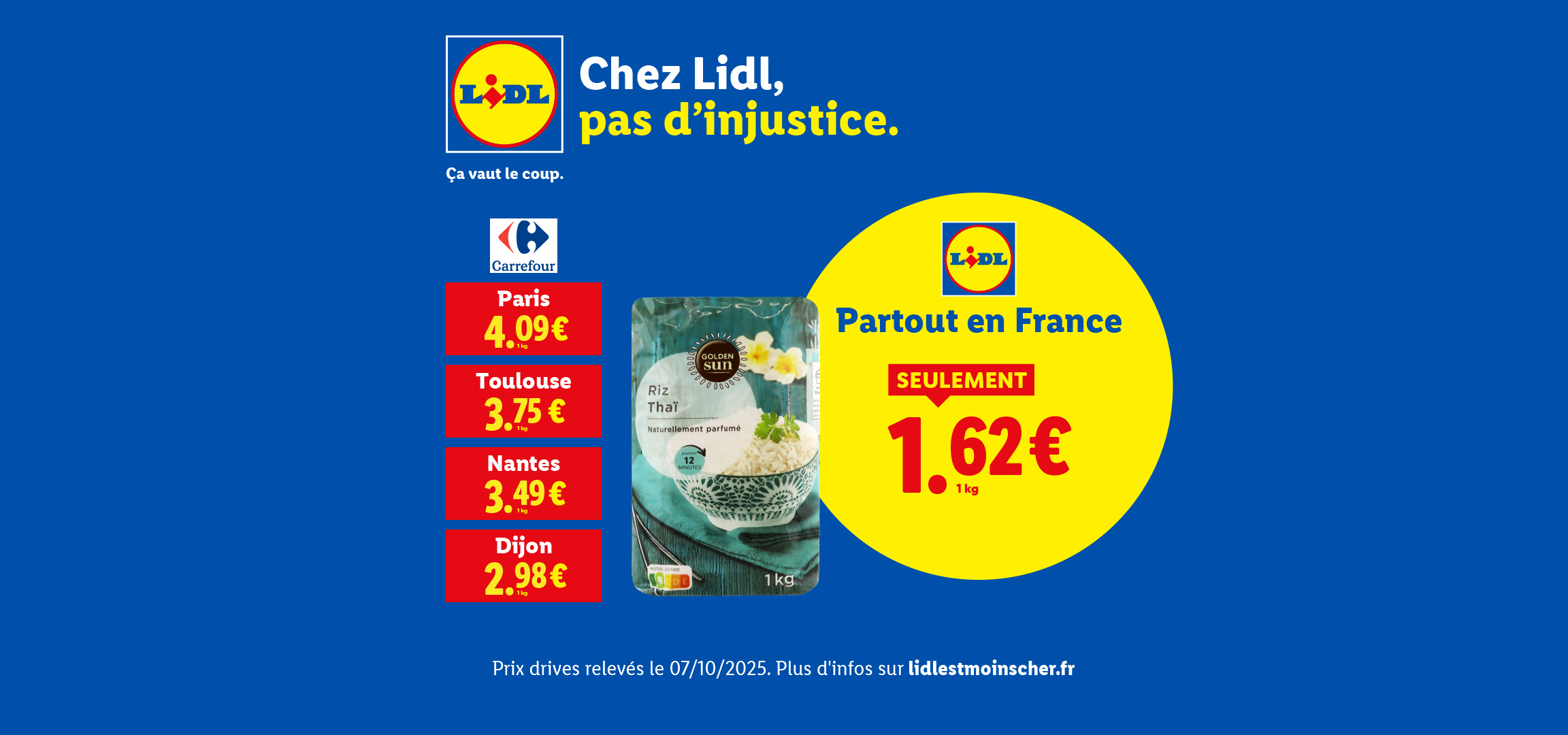 Publicité Lidl comparant le prix du riz thaï Golden Sun à 1,62€ avec les prix Carrefour dans différentes villes.