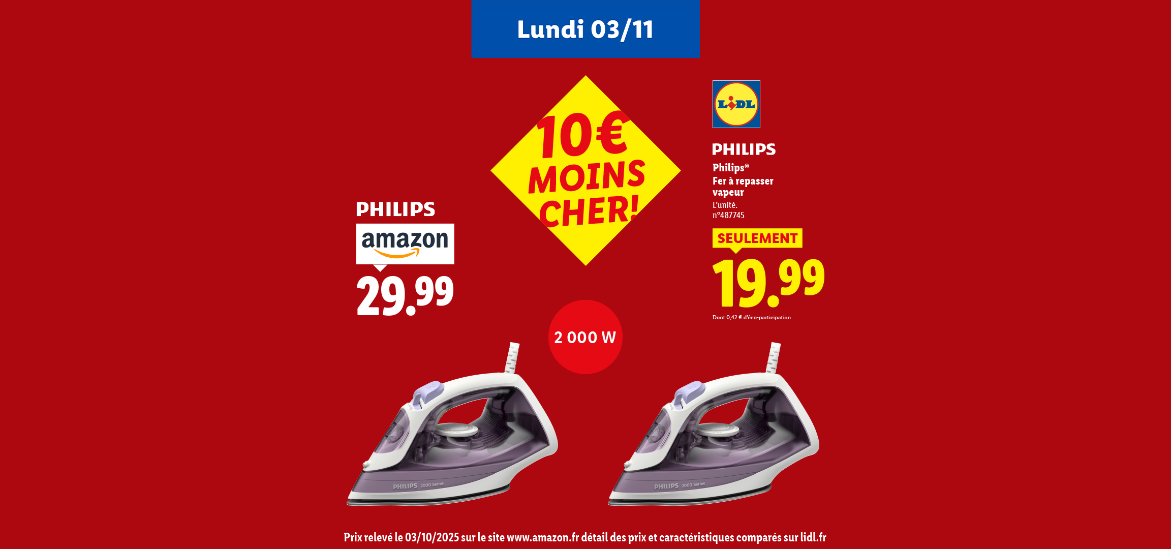 Publicité Lidl pour un fer à repasser Philips à 19,99€, comparé à 29,99€ sur Amazon.