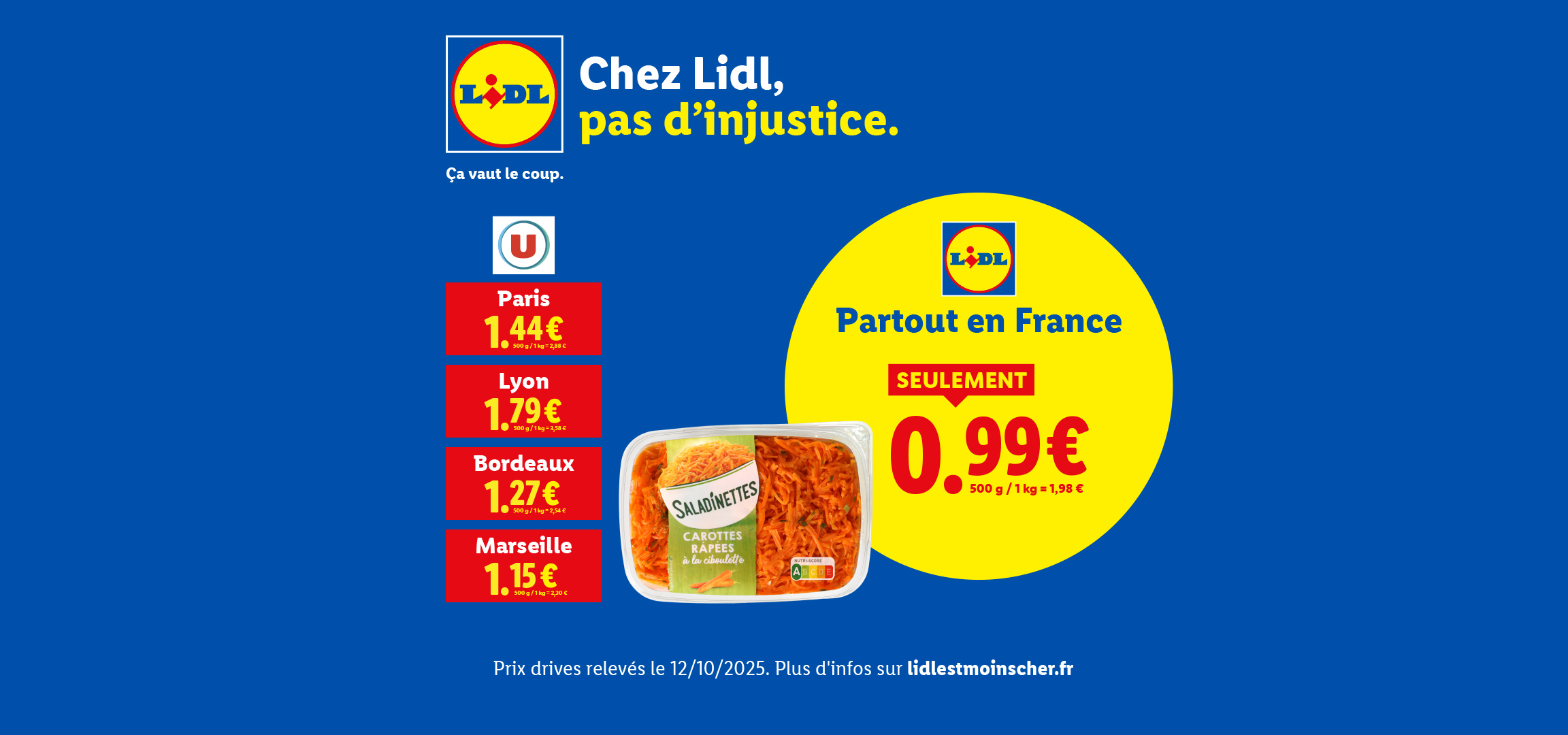 Publicité Lidl comparant les prix des carottes râpées dans différentes villes de France.