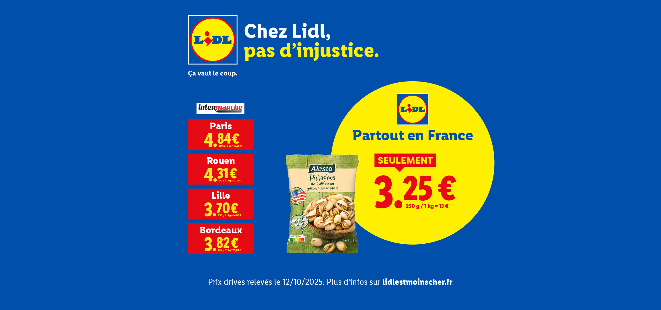 Publicité Lidl comparant les prix des pistaches Alesto avec Intermarché dans différentes villes.