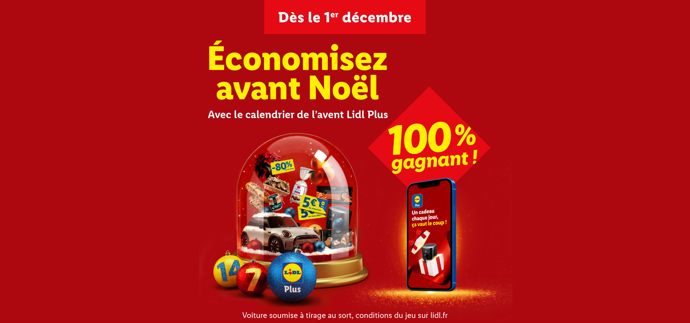 Bannière Lidl Plus pour le calendrier de l'avent avec des réductions, une voiture Mini Cooper et un smartphone affichant un cadeau.