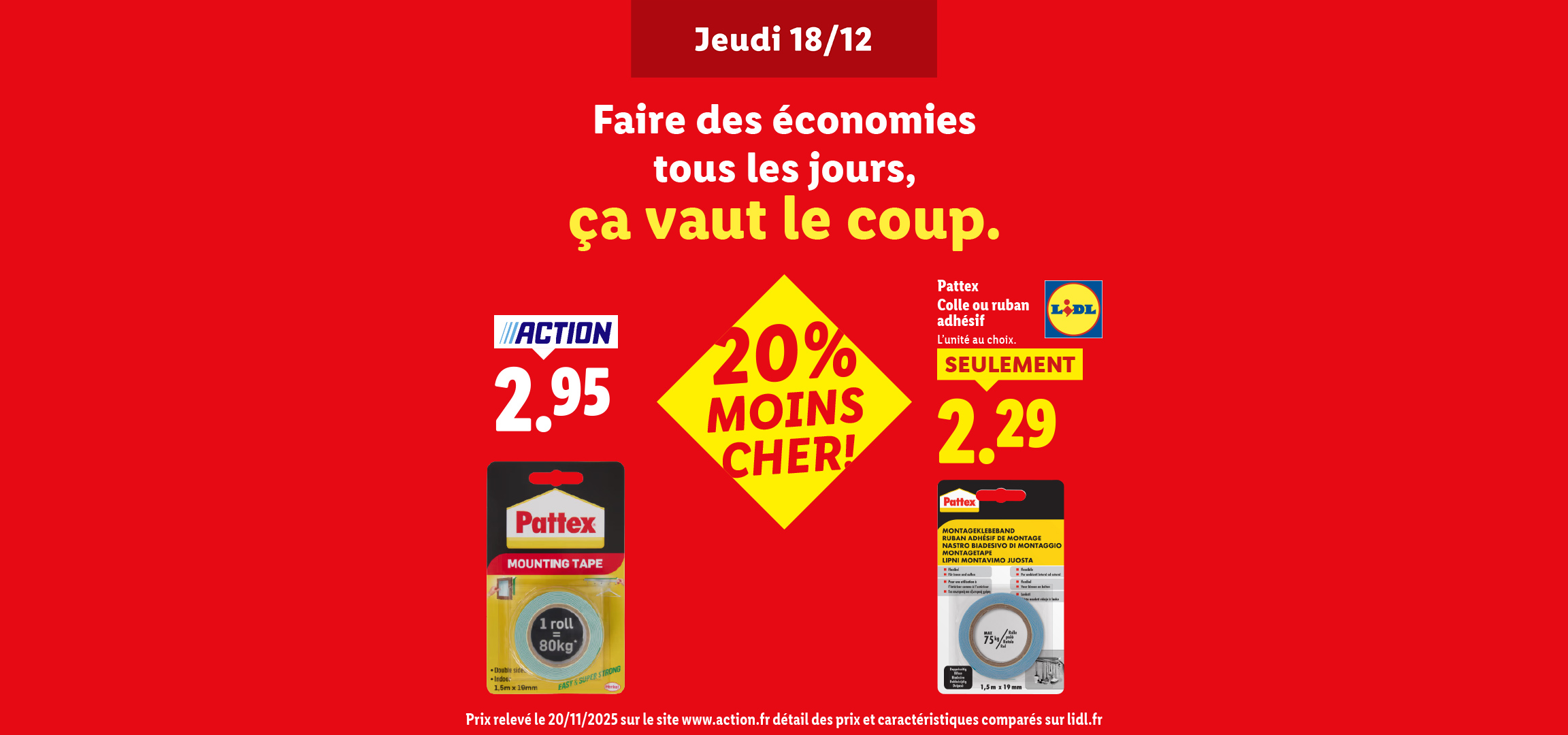 Publicité Lidl pour la colle ou ruban adhésif Pattex à 2,29€, comparé à Action à 2,95€.