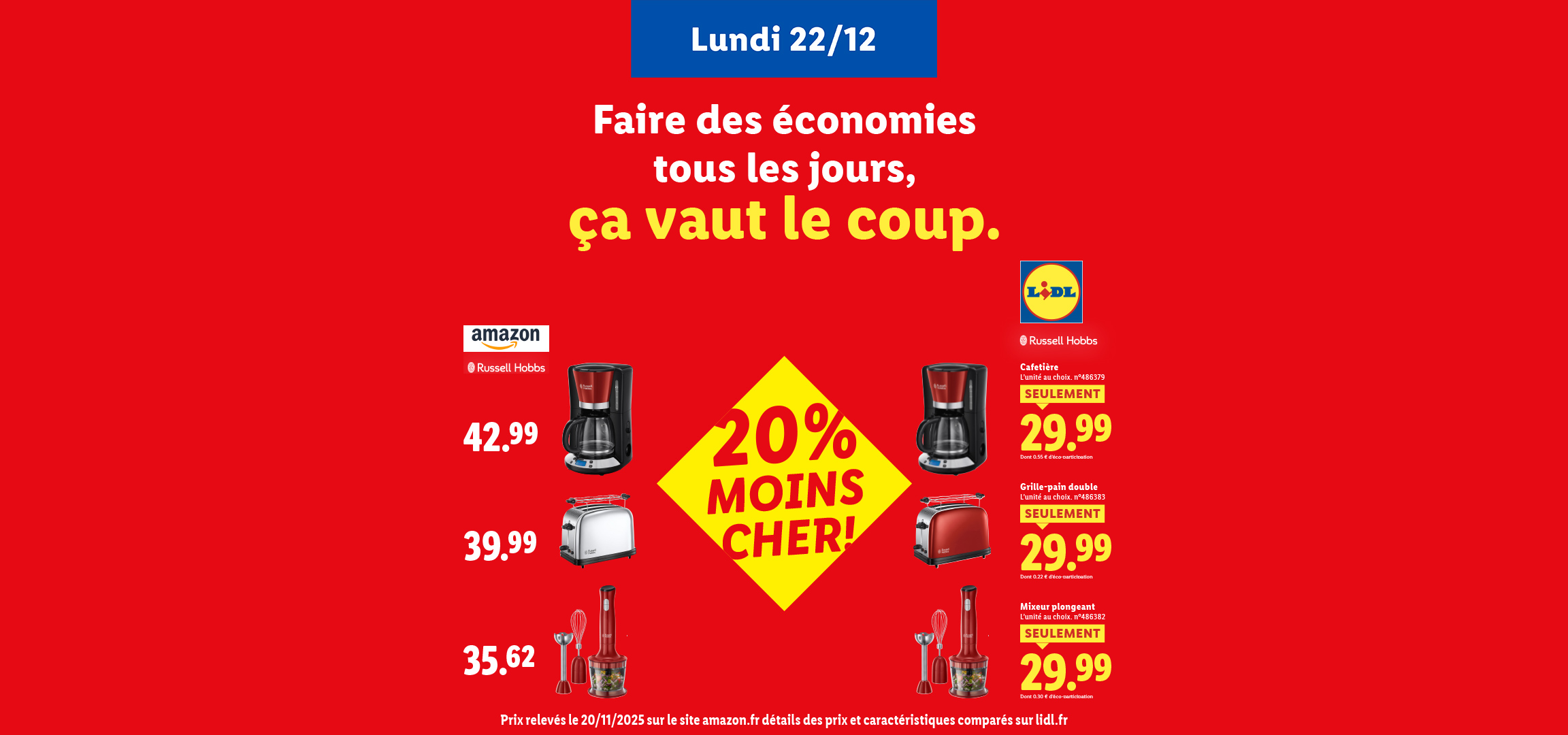 Publicité Lidl comparant les prix de cafetières, grille-pains et mixeurs plongeants Russell Hobbs avec Amazon.