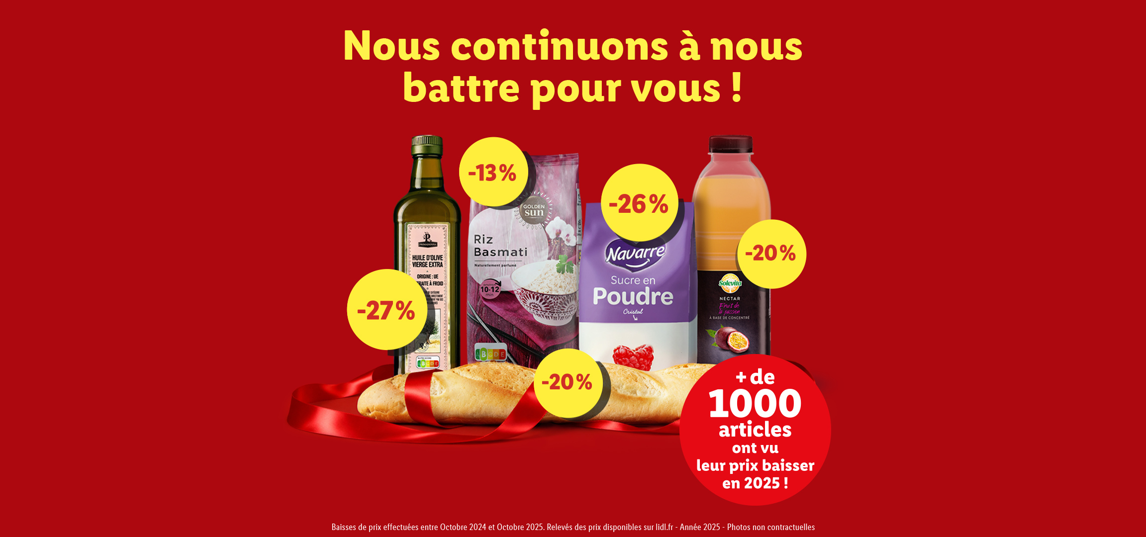 Lidl: Huile d'olive, riz basmati, sucre en poudre, jus de fruits et baguette avec des réductions de prix.