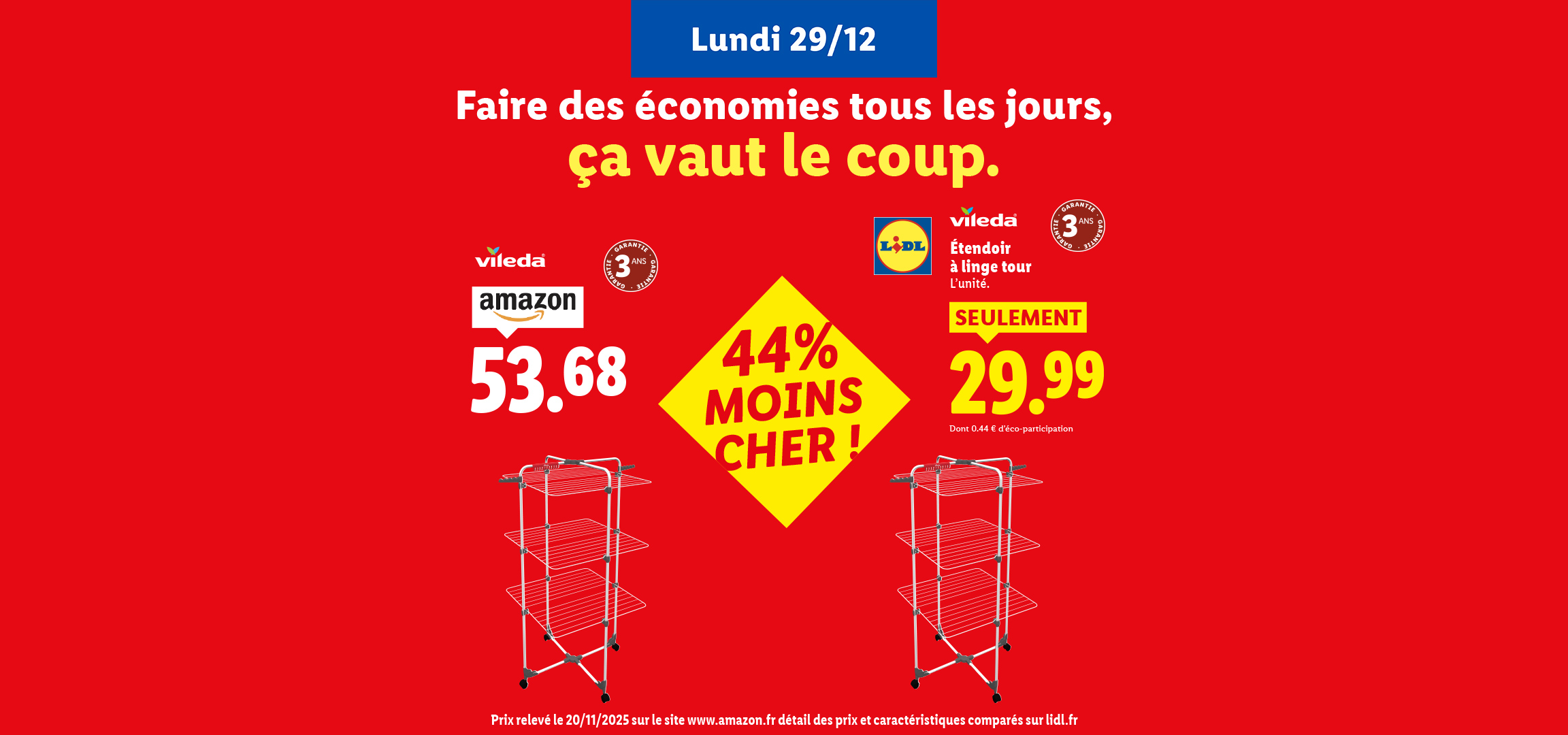 Comparaison de prix Lidl vs Amazon pour un étendoir à linge Vileda, Lidl 44% moins cher.